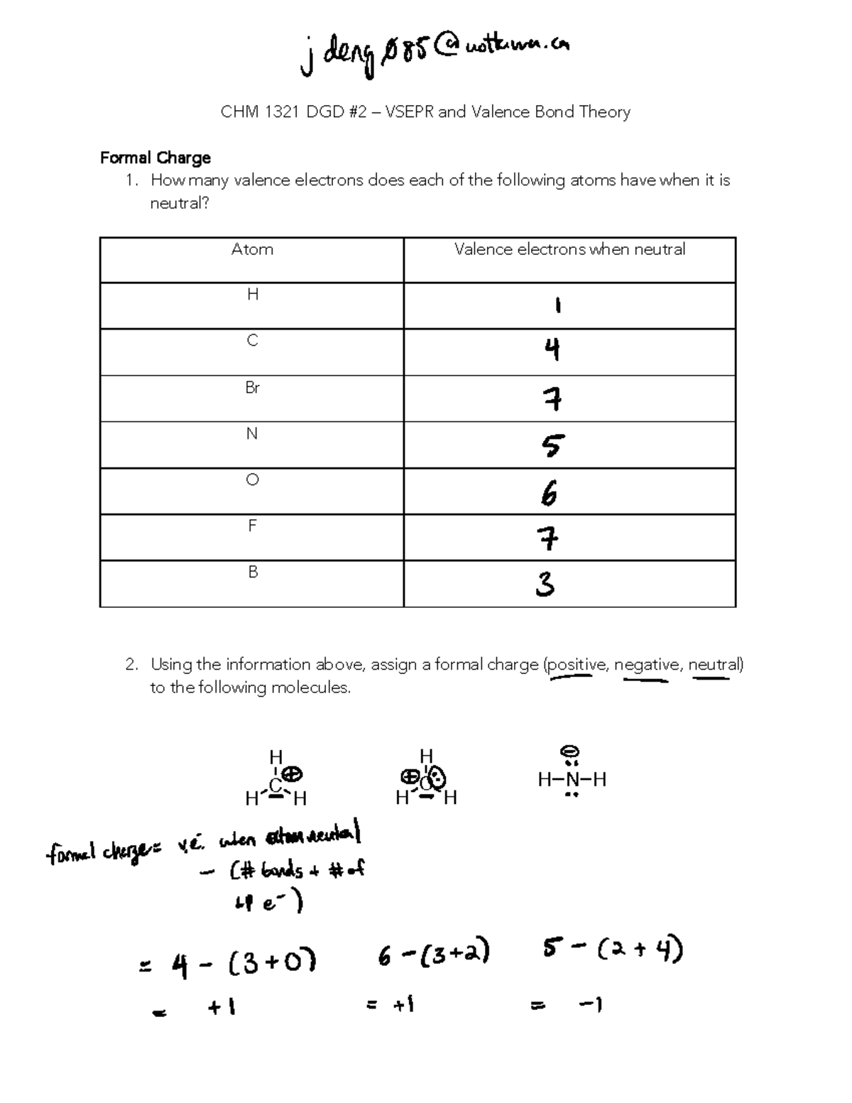 2 Vsepr And Valence Bond Theory Answers Wednesday CHM 1321 DGD