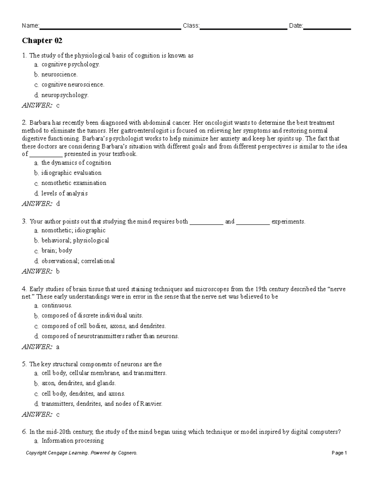 Chapter 02 - test bank - Chapter 02 1. The study of the physiological ...