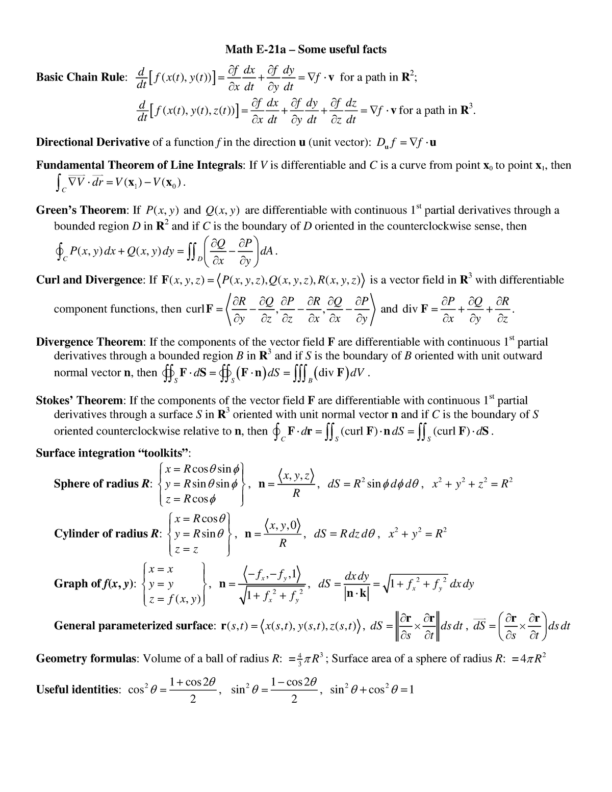 Usefulfacts - Summary Multivariable Calculus - Math E-21a – Some useful ...