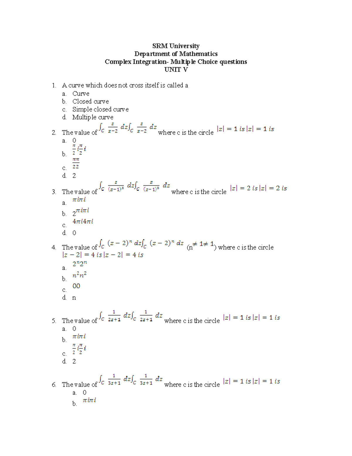 Complex ana (1) multiple choice questions - Advanced Calculus And ...