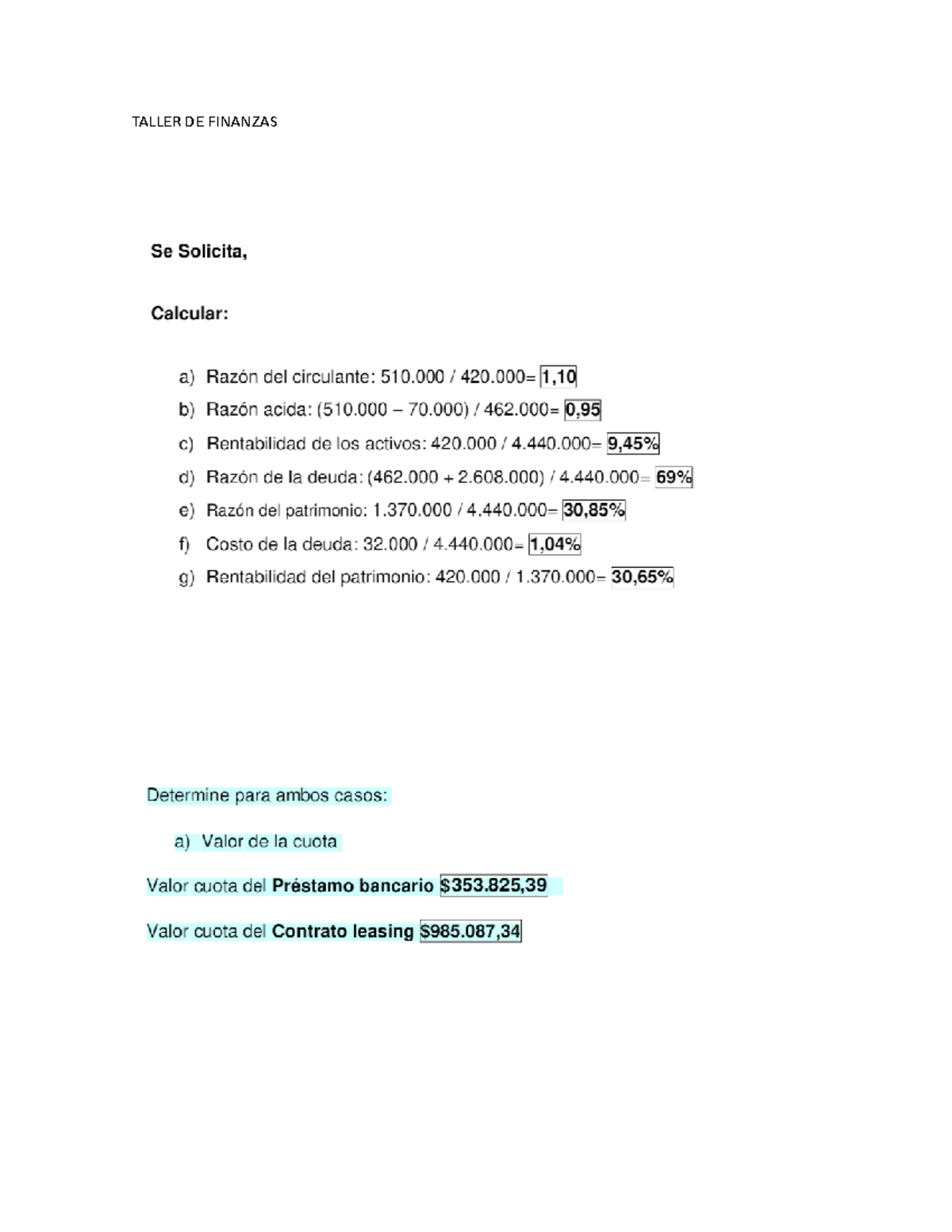 Taller DE Finanzas - Finanzas Iplacex - TALLER DE FINANZAS - Studocu