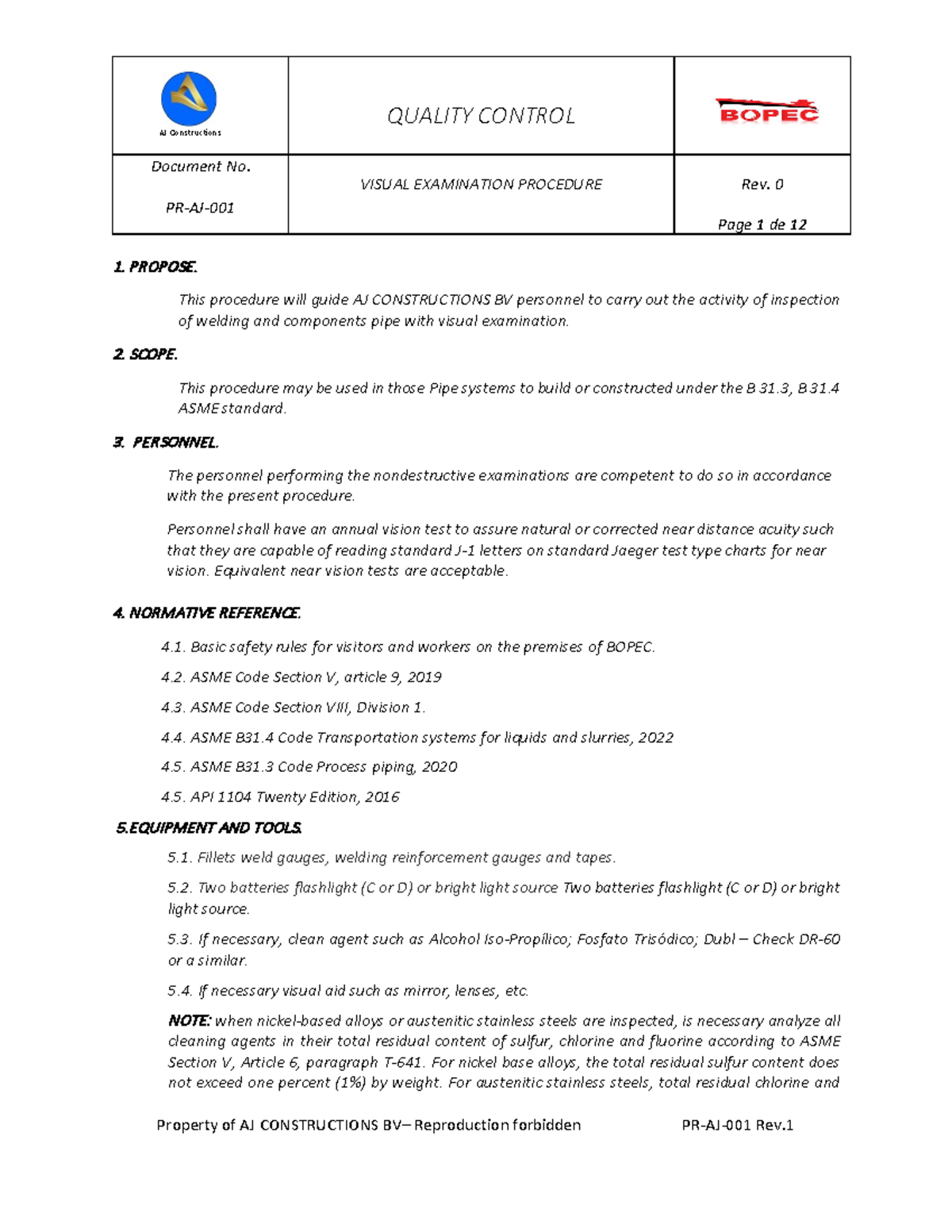 Visual Examination Procedure FOR PIPE Rev - AJ Constructions Document ...