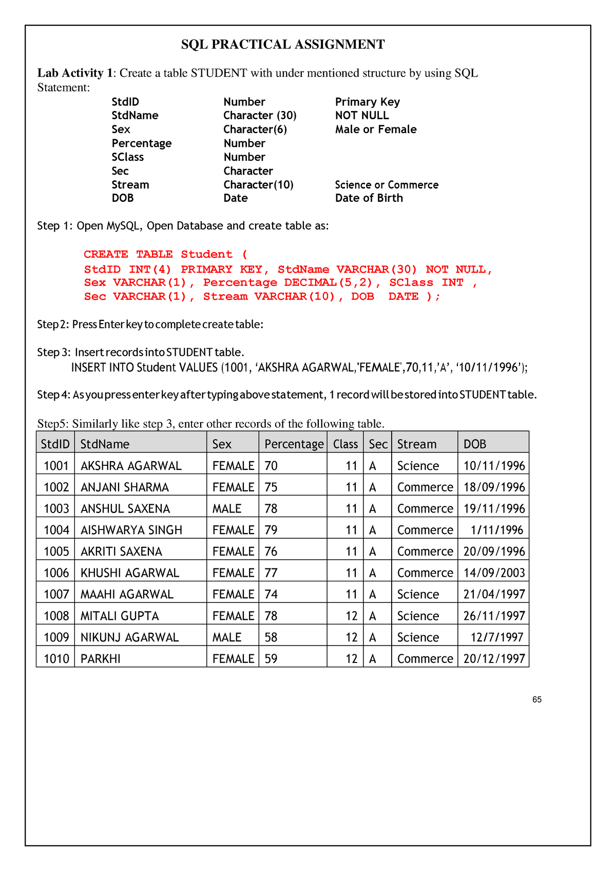 sql practical assignment