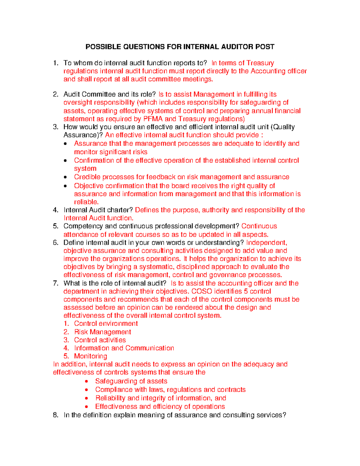 Questions for internal audit POSSIBLE QUESTIONS FOR INTERNAL AUDITOR