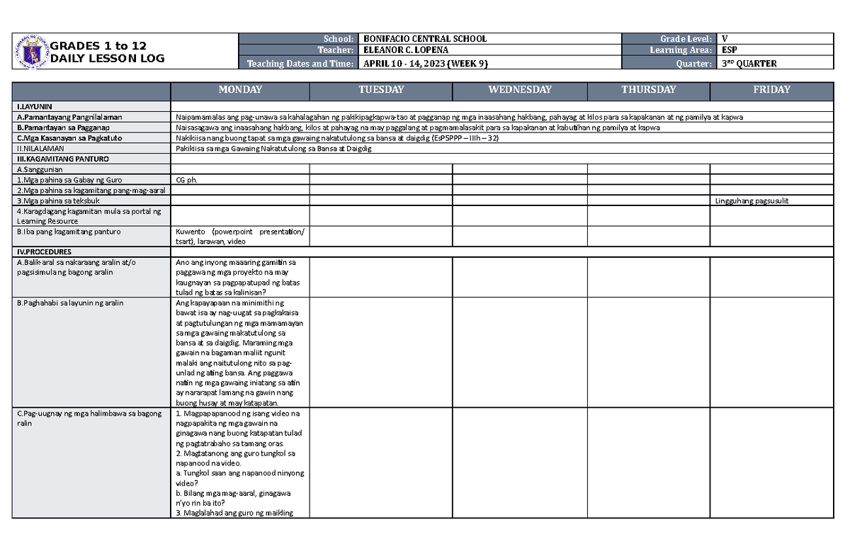 Dll Esp 5 Q3 W9 Daily Lesson Log Grades 1 To 12 Daily Lesson Log