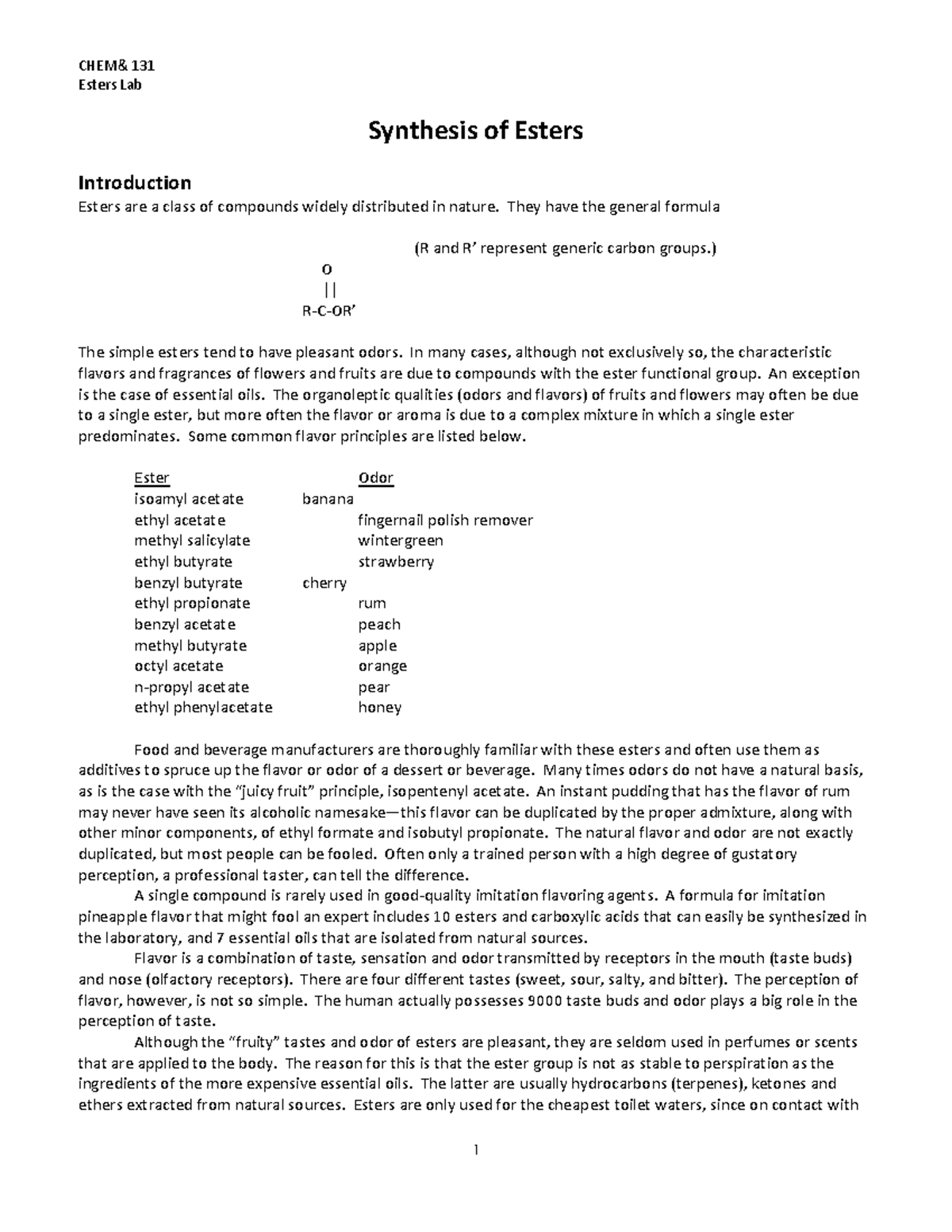CHEM131 Lab Esters lab report CHEM& 131 Esters Lab 1 Synthesis of