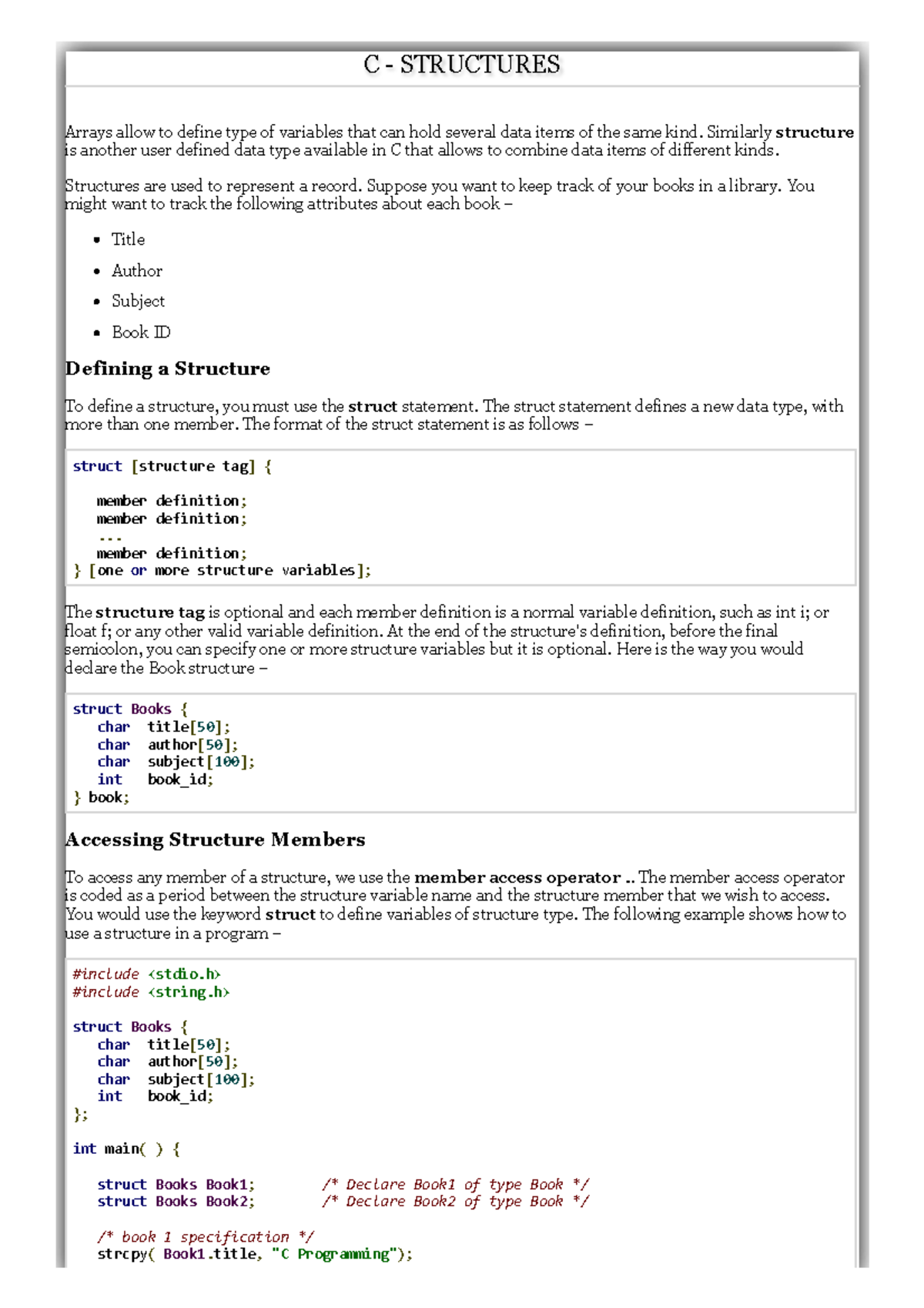 5.4 Structures in C - C - STRUCTURES Arrays allow to define type of ...
