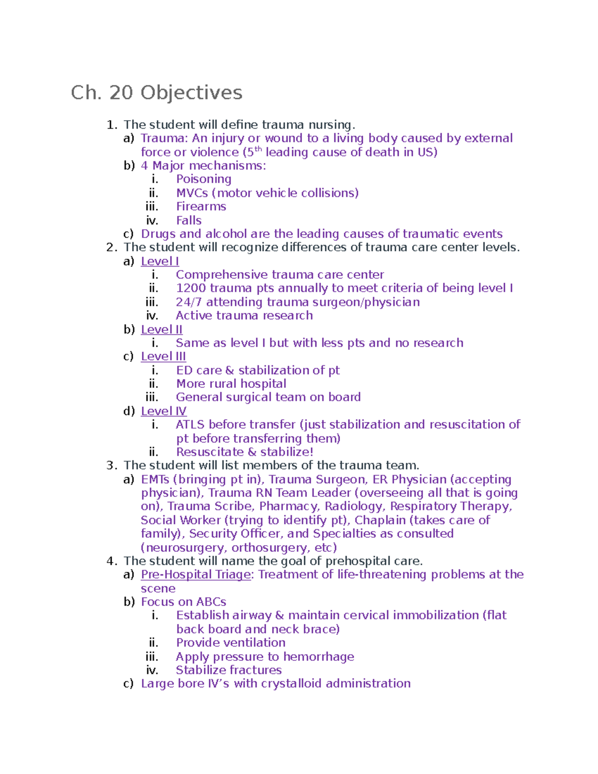 Unit 4 Study Guide - Ch. 20 Objectives The student will define trauma ...