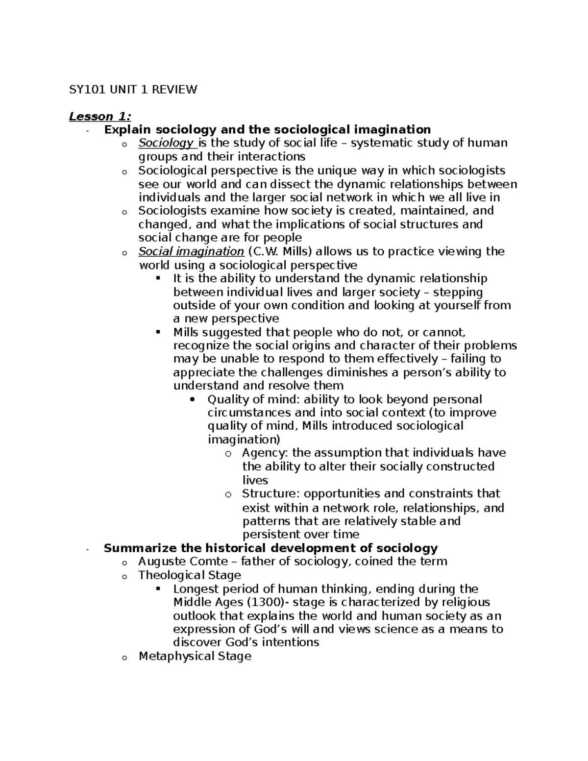 SY101 UNIT 1 Review - SY101 UNIT 1 REVIEW Lesson 1: - Explain Sociology ...