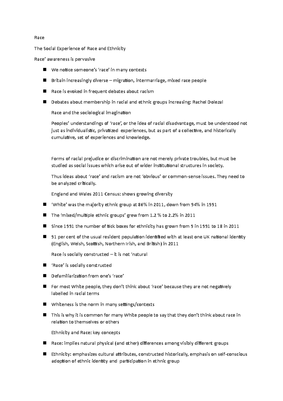 Race - Lecture notes 9 - Race The Social Experience of Race and ...