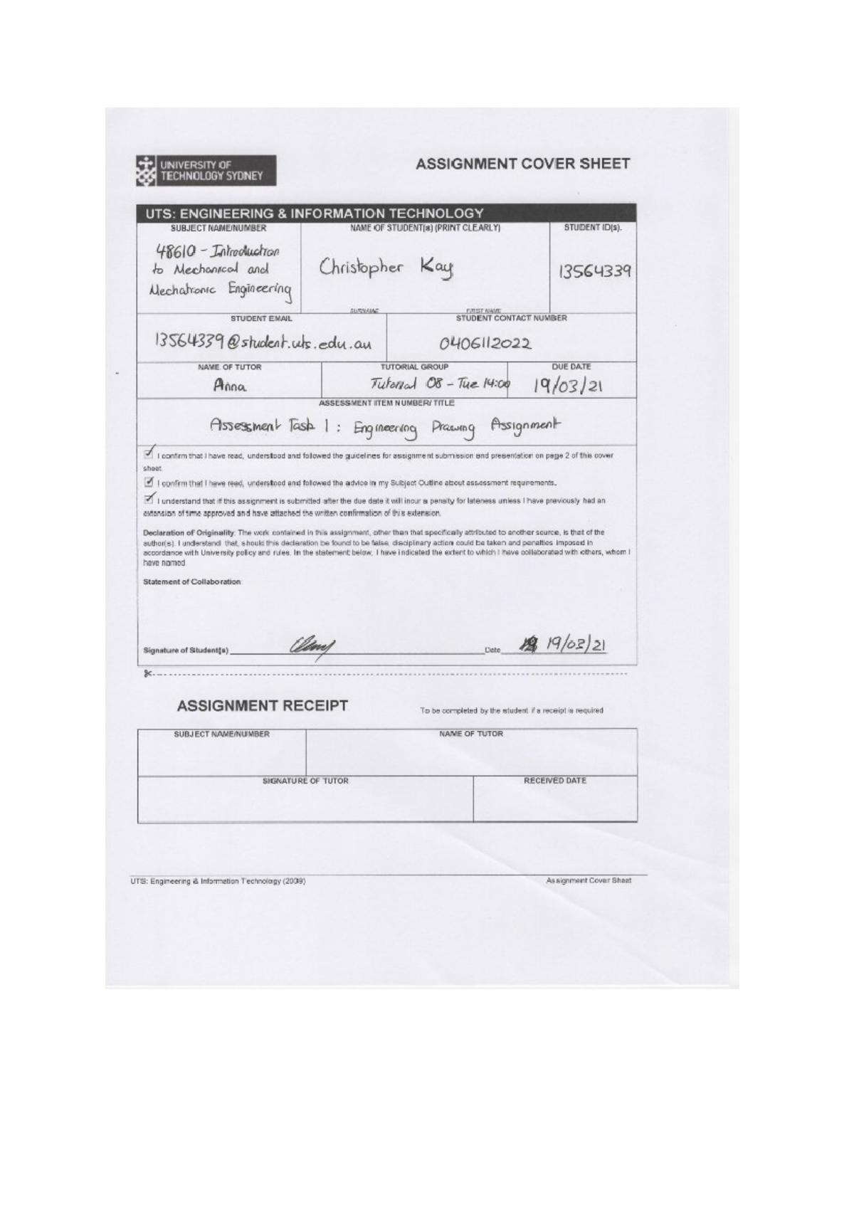 Engineering Drawing Assignement - 048610 - Studocu