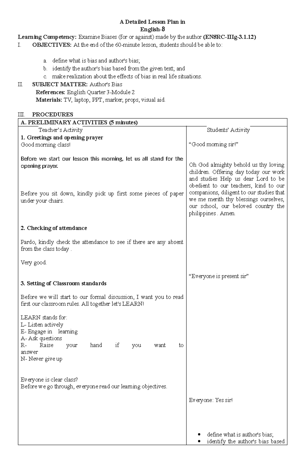 Grade 8-author's-bias - A Detailed Lesson Plan in English- 8 Learning ...