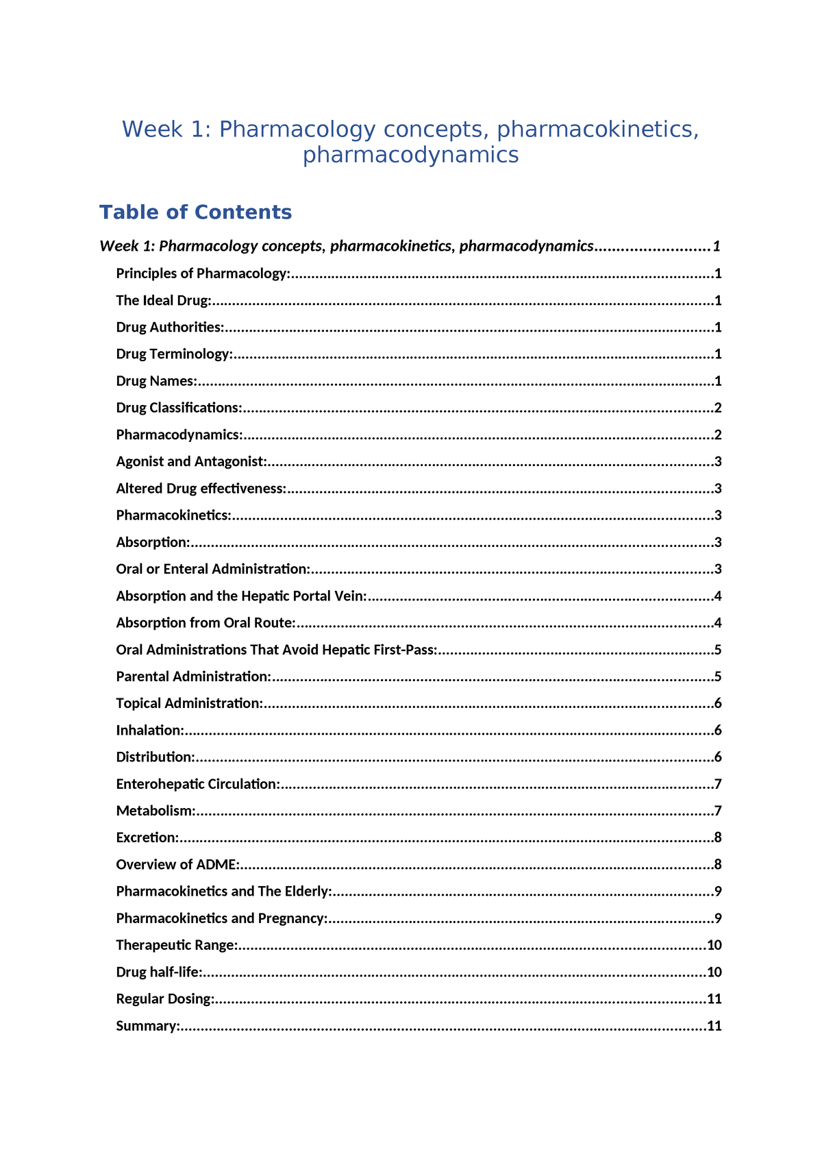 Week 1 NUR231 notes - Introduction to pharmacology concepts ...