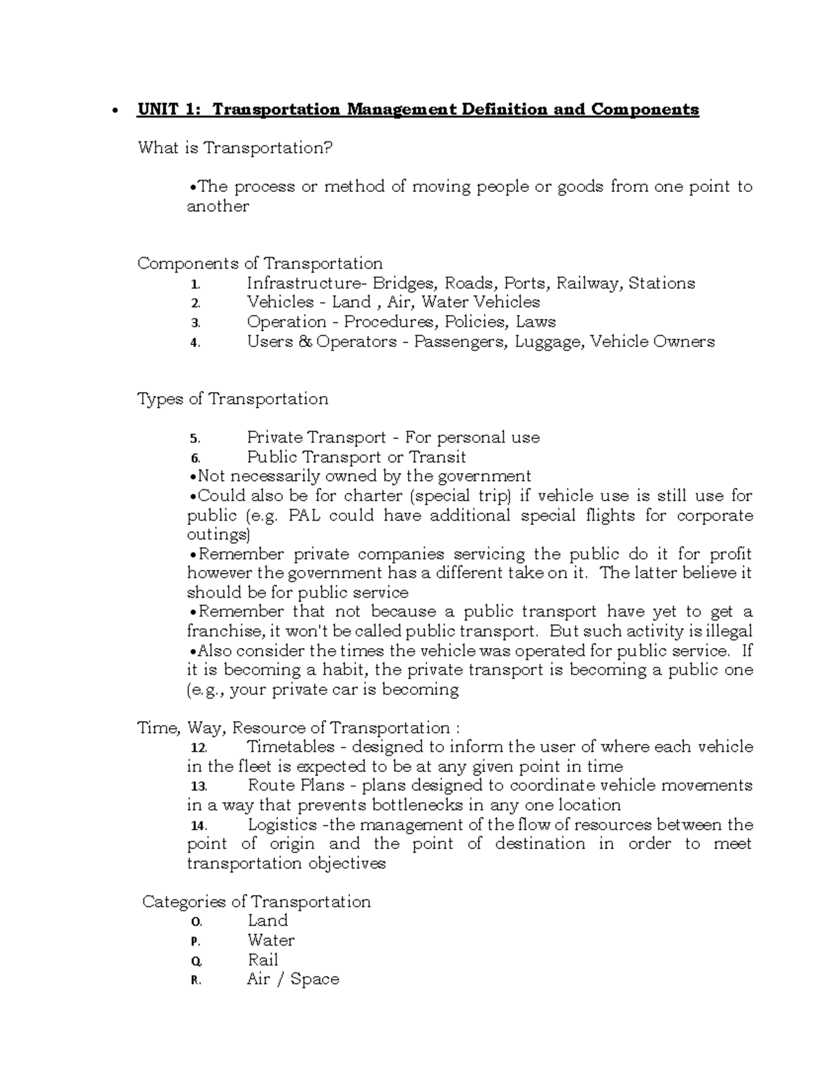 Transportation Management Recitation Key Answers - UNIT 1 ...