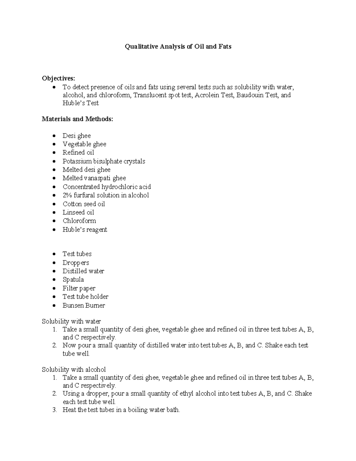 Qualitative Analysis of Oil and Fats Qualitative Analysis of Oil and