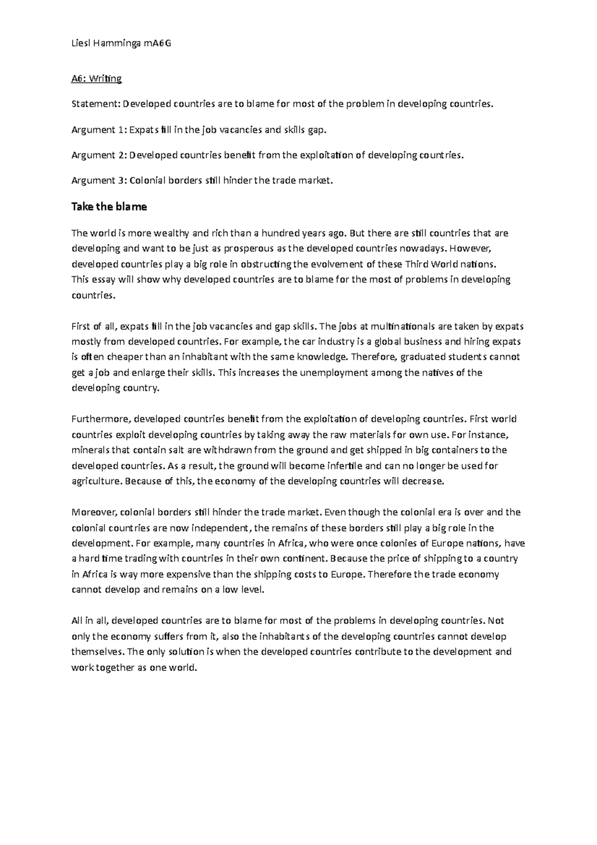 Essay World Politics - Liesl Hamminga mA6G A6: Writing Statement ...