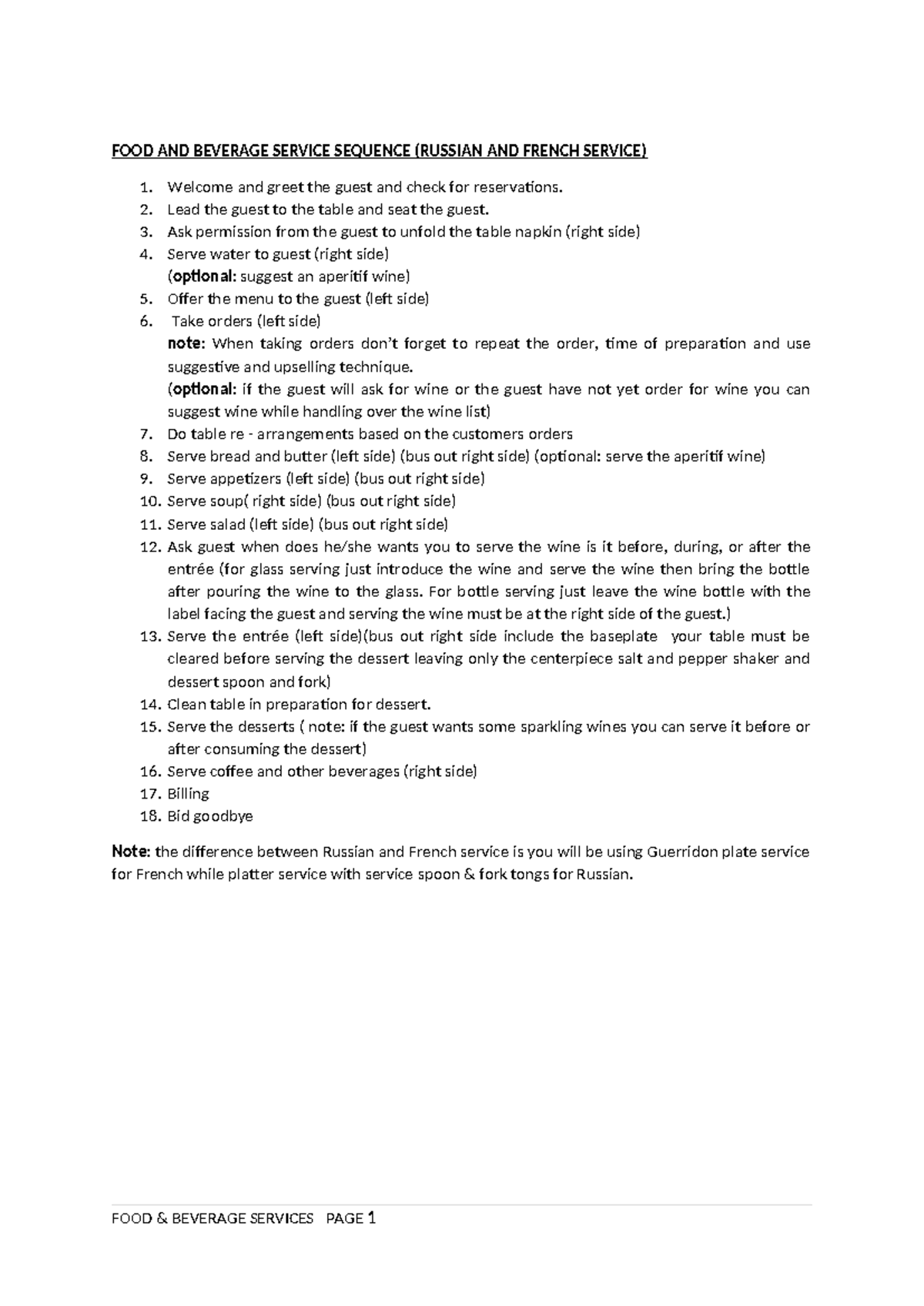 F&B Service Sequence FOOD AND BEVERAGE SERVICE SEQUENCE (RUSSIAN AND
