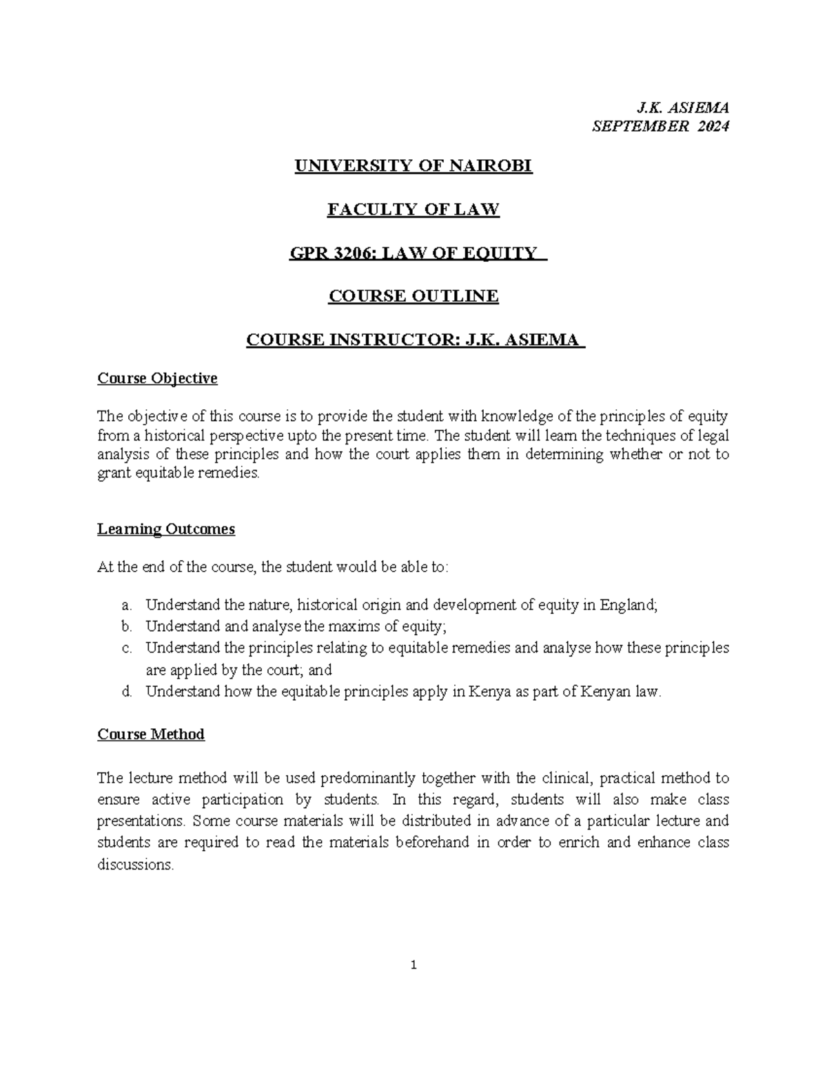 GPR 3206 Equity Course Outline 2024 - SEPTEMBER 2024 UNIVERSITY OF ...