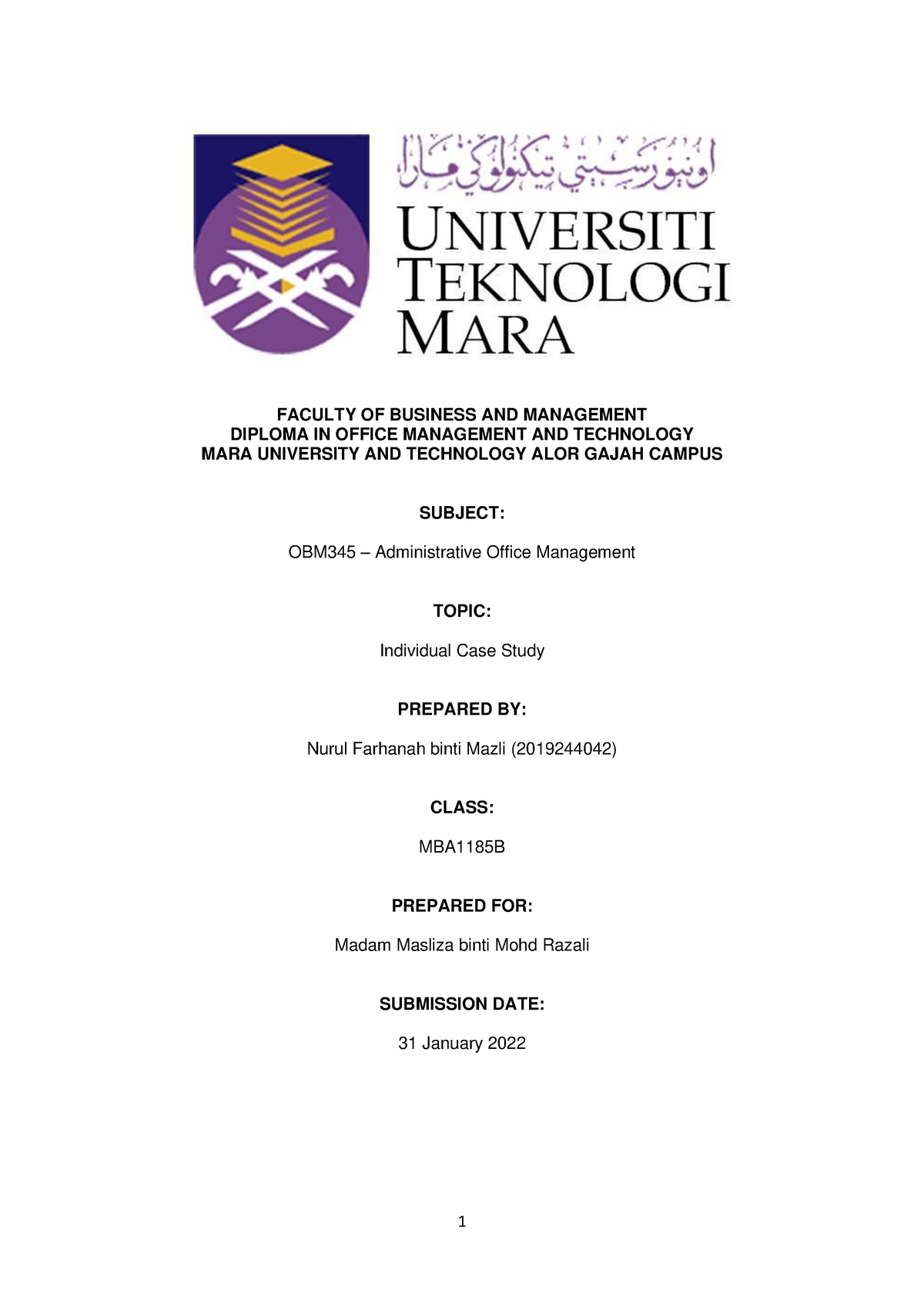 OBM345 - Case Study (Nurul Farhanah 5B) - FACULTY OF BUSINESS AND ...