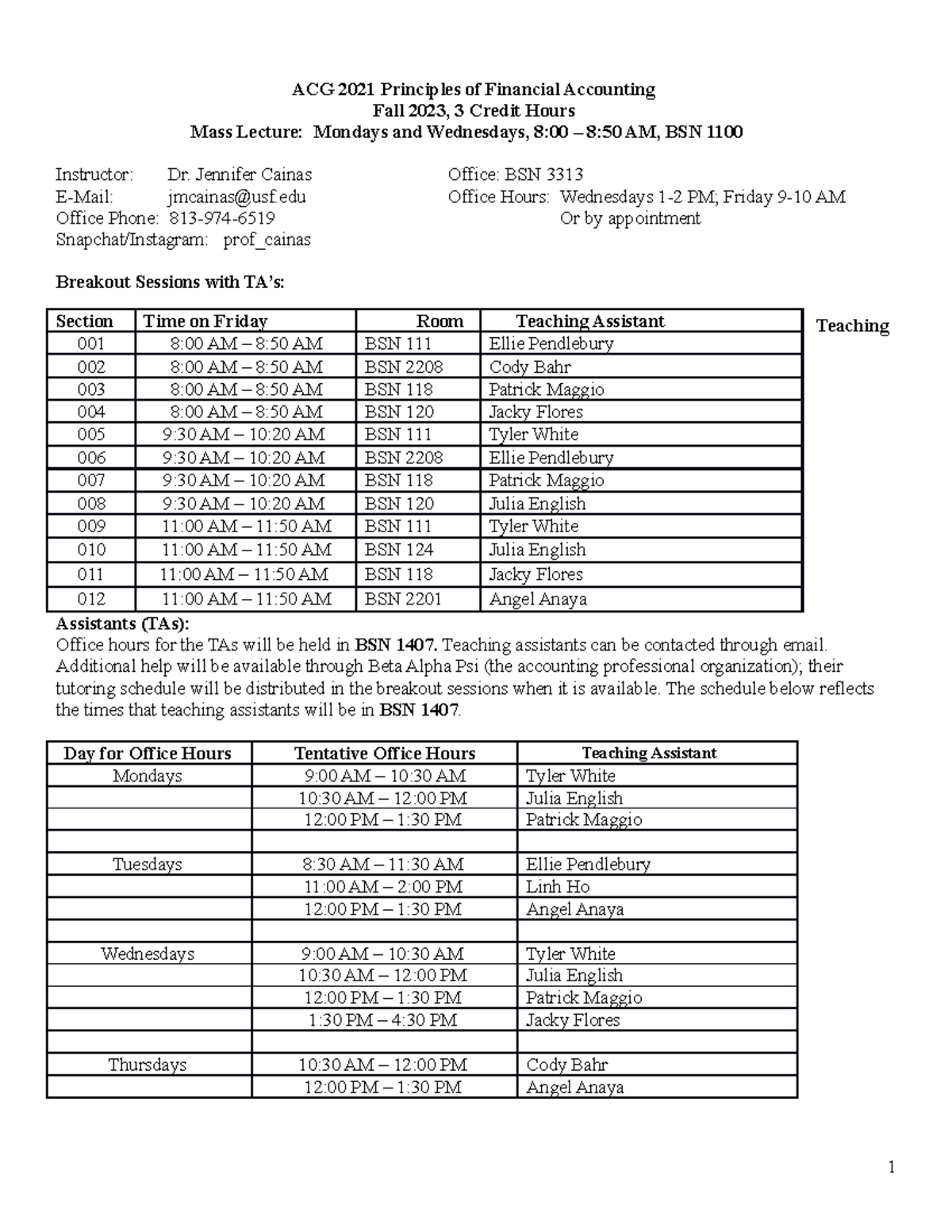 ACG 2021 Syllabus Fall 2023 - ACG 2021 Principles of Financial ...