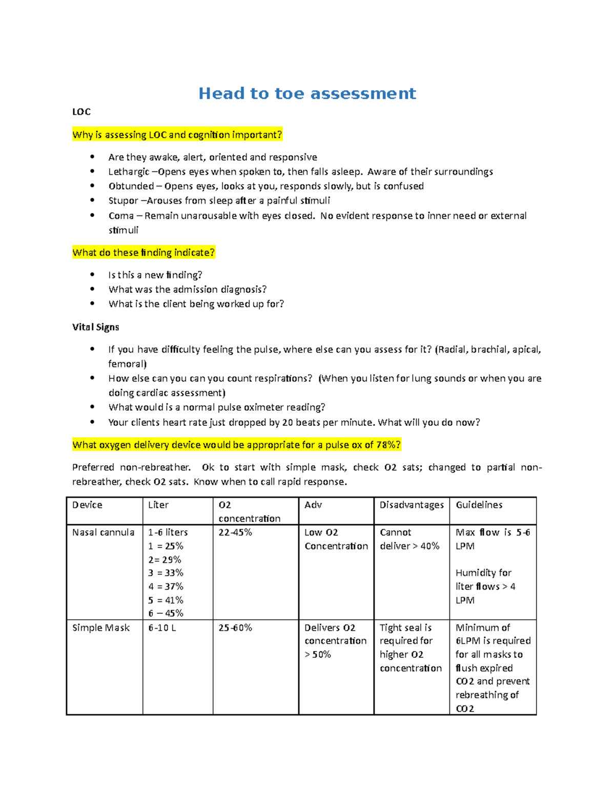 5-Head-To-Toe Questions - Head to toe assessment LOC Why is assessing ...