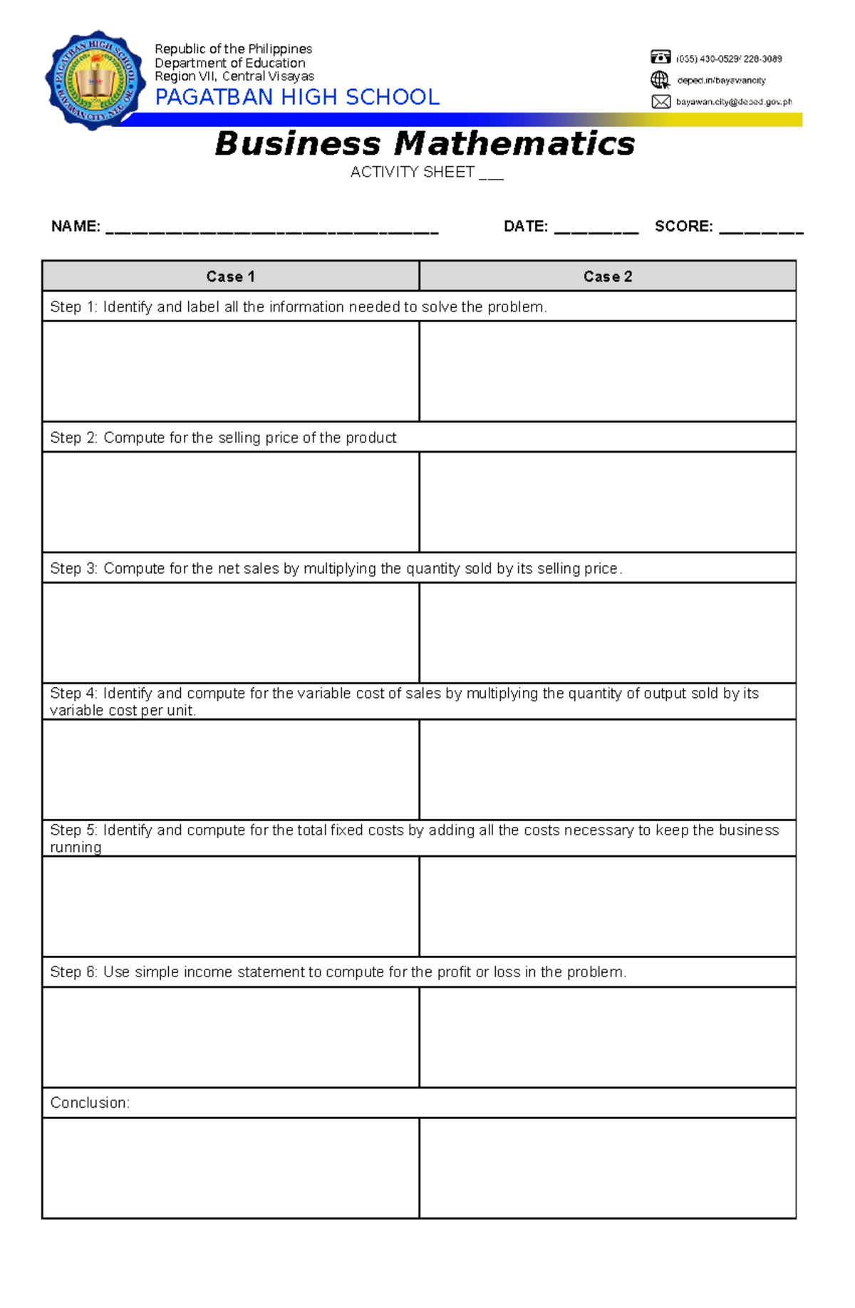 COT 1 2021-2022 Profit and Loss - Acitivtiy Sheet - Republic of the ...