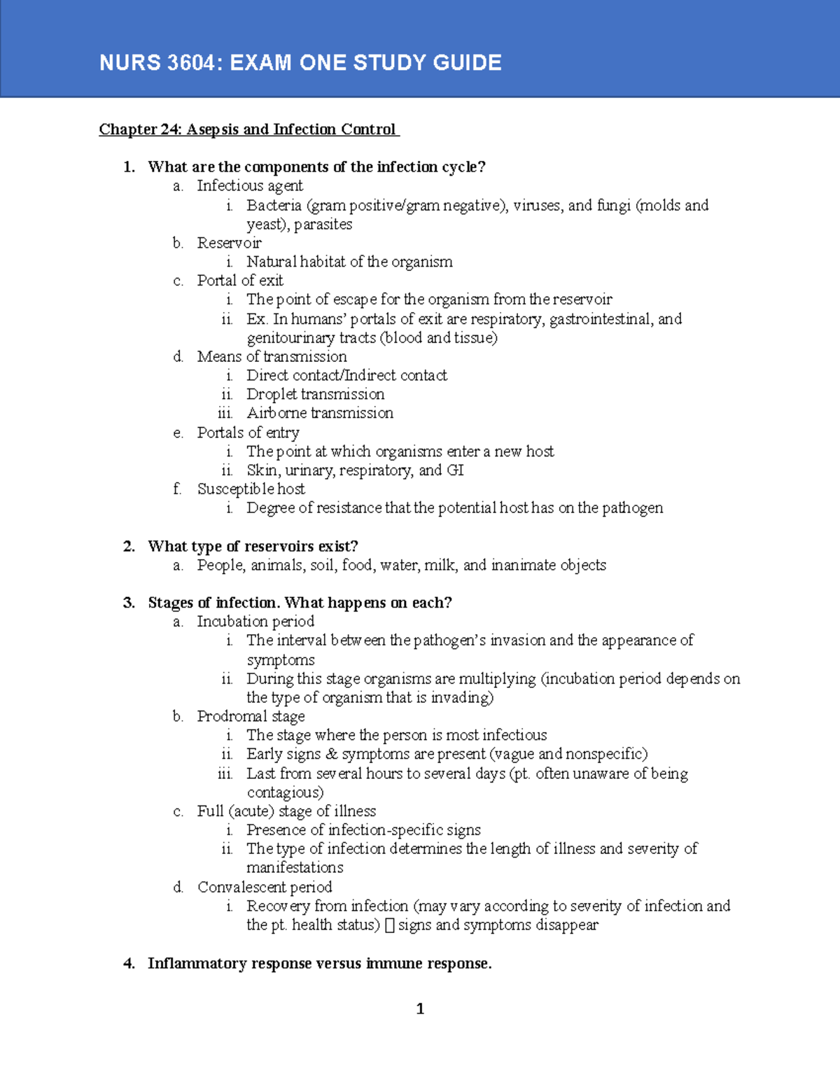 Exam 1 Study Guide - Chapter 24: Asepsis and Infection Control What are ...