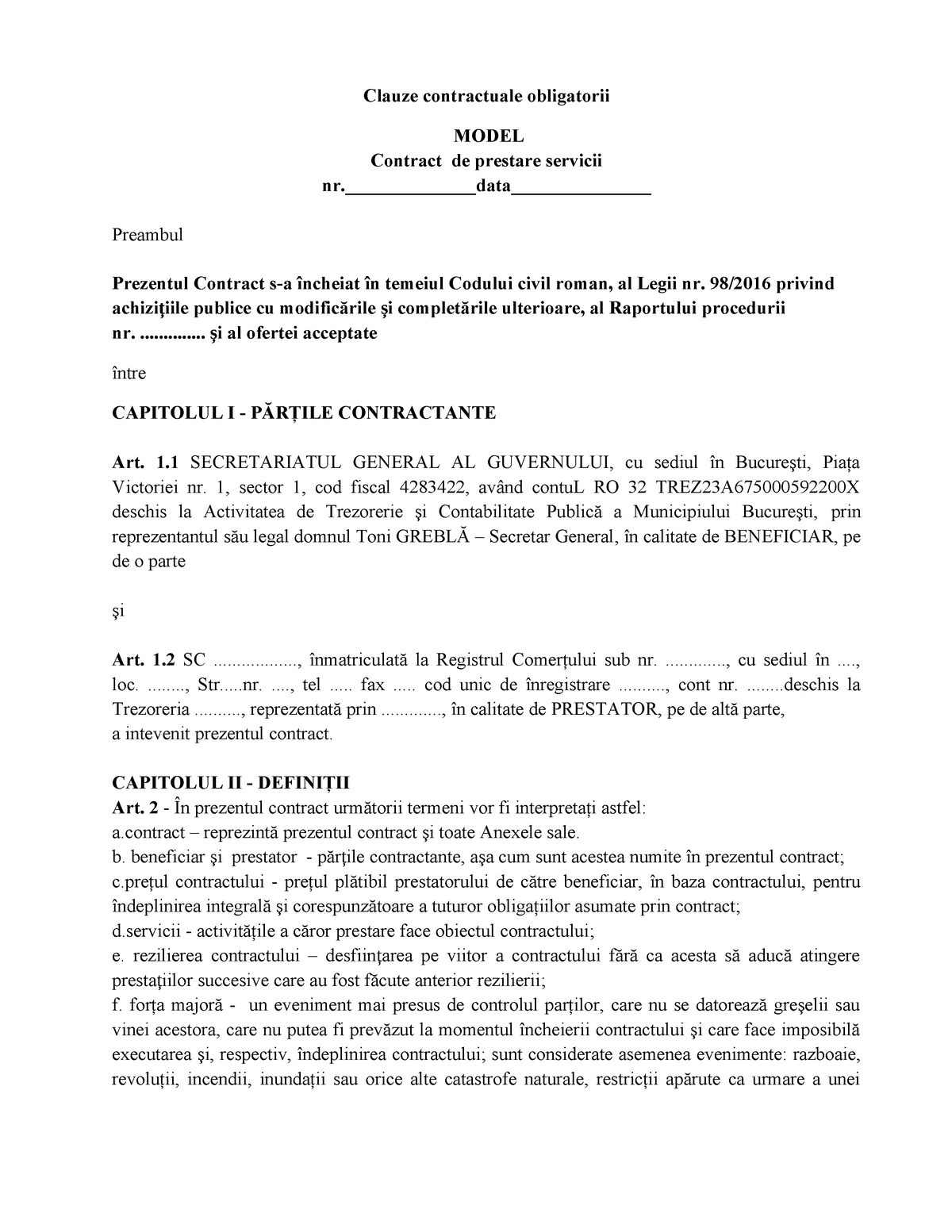 Model contract prestări servicii Clauze contractuale obligatorii MODEL Contract de prestare