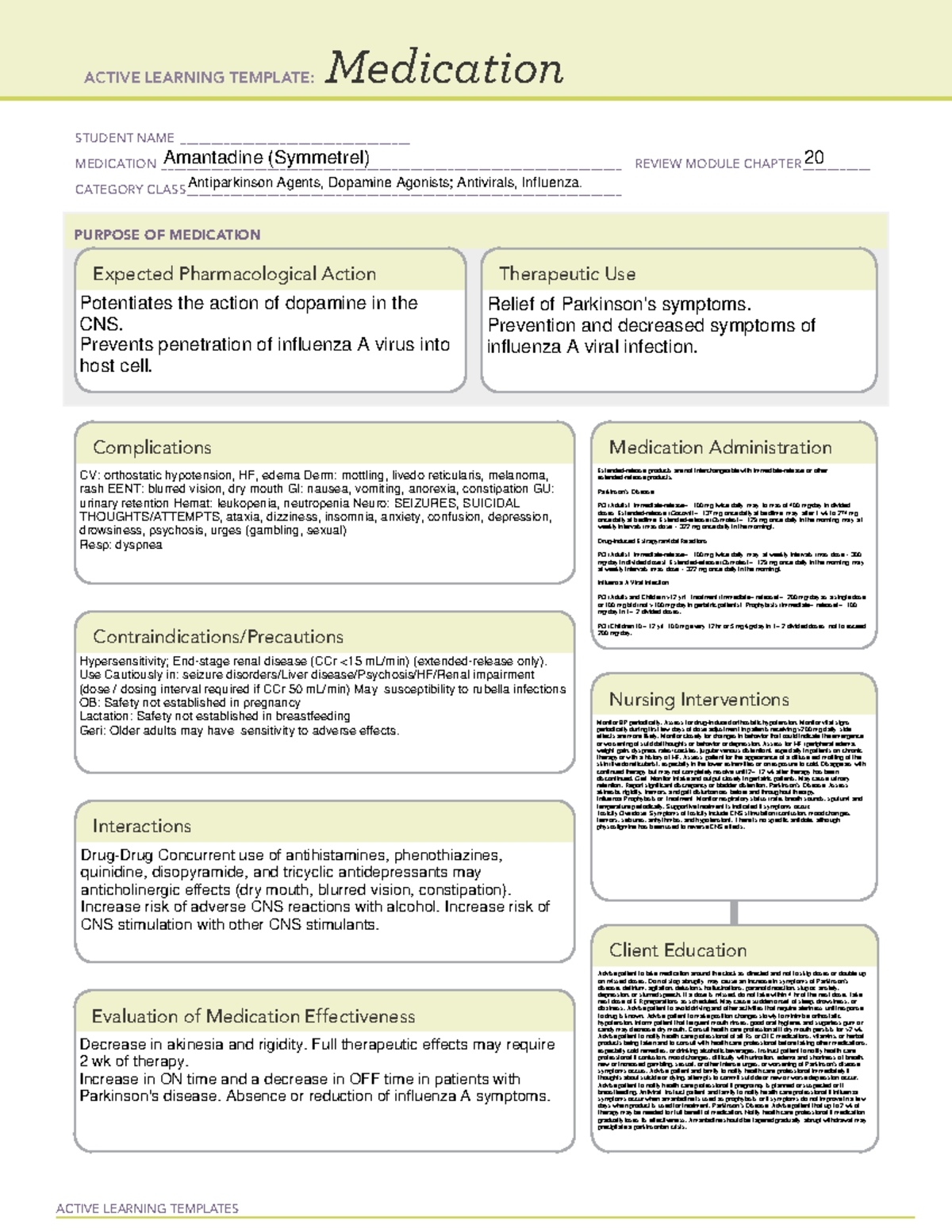 Medication Amantadine - ACTIVE LEARNING TEMPLATES Medication STUDENT ...