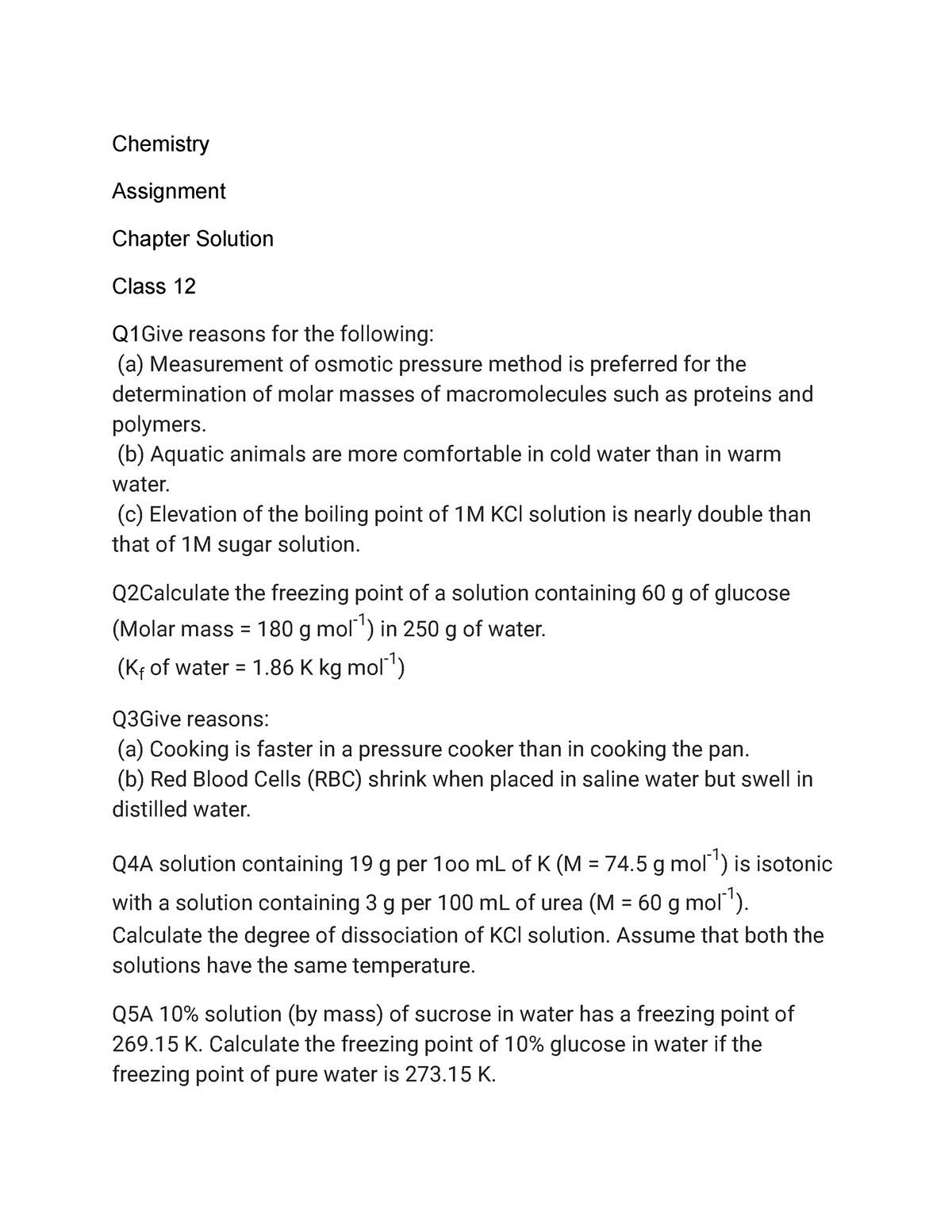 solution assignment chemistry