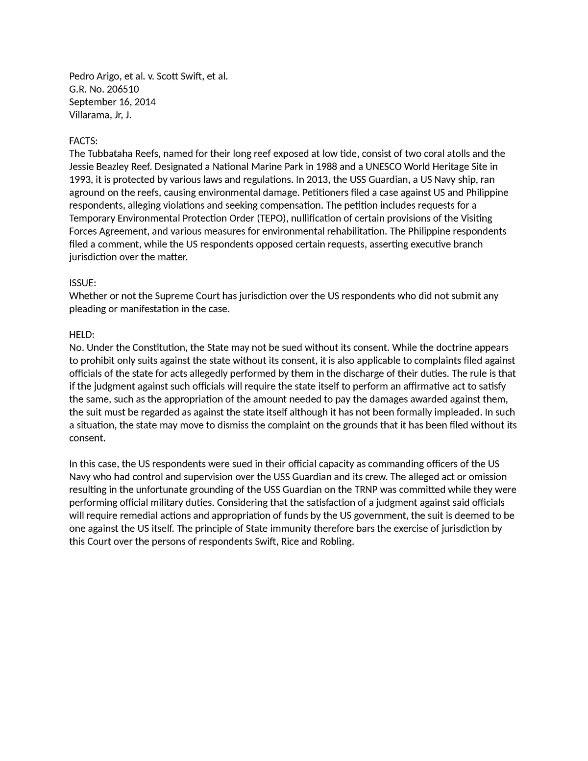 Pedro Arigo, et al. v. Scott Swift, et al. Digest - Pedro Arigo, et al ...