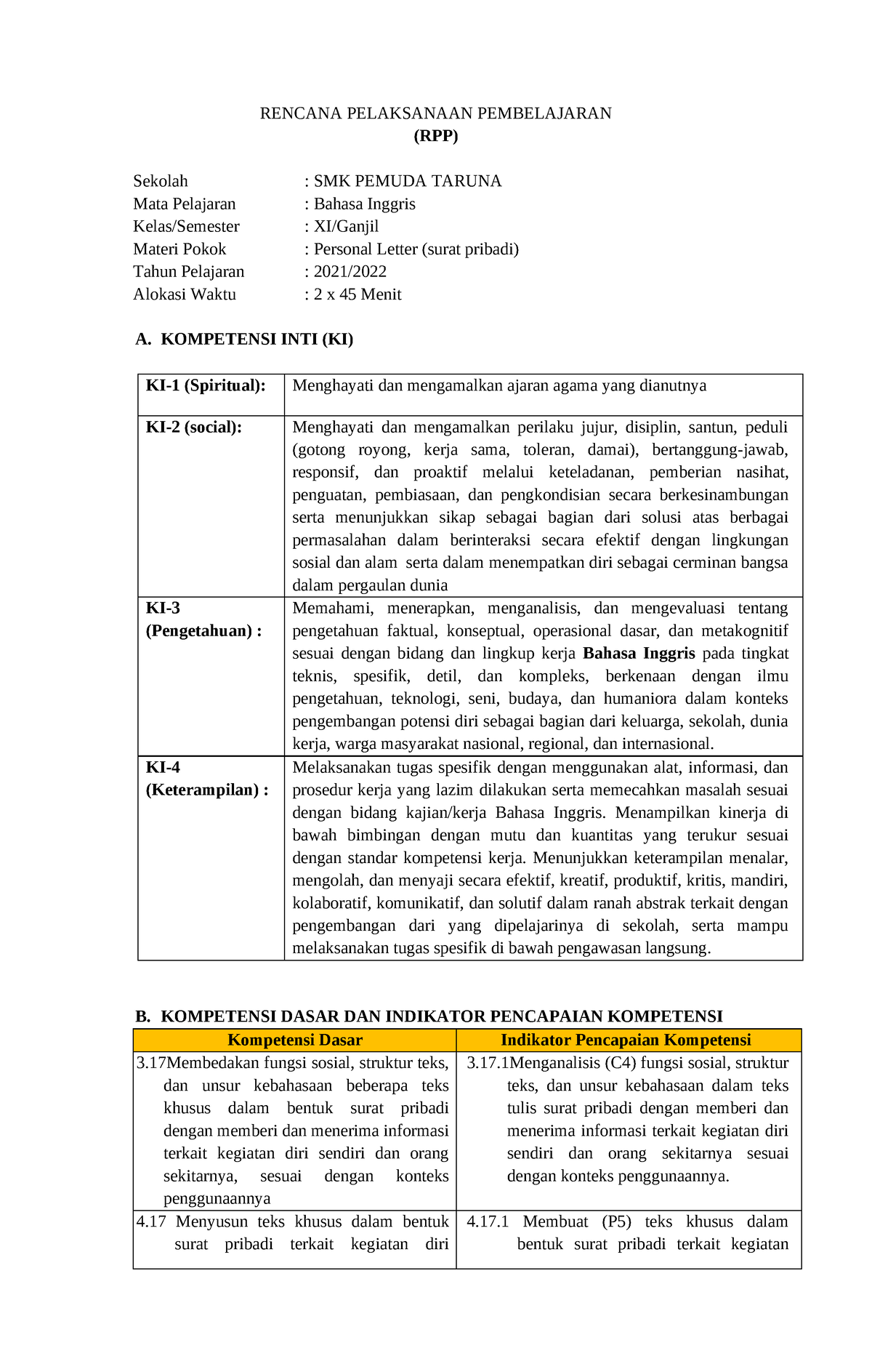 Rpp Personal Letter Kelas Xi Pdf Rencana Pelaksanaan Pembelajaran Rpp Sekolah Smk Pemuda 6313