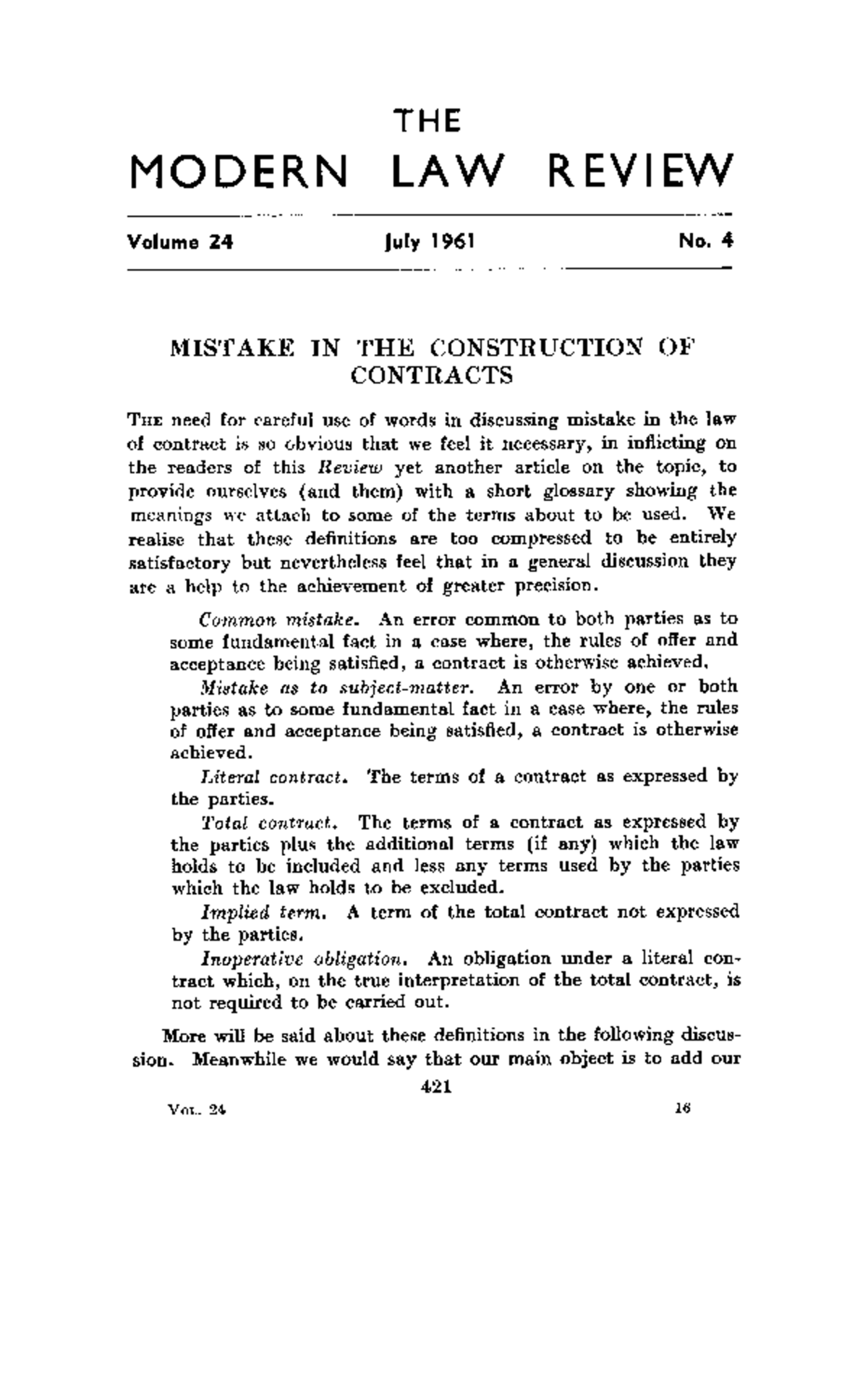 Modern Law Review - July 1961 - Atiyah - Mistake IN THE Construction OF ...