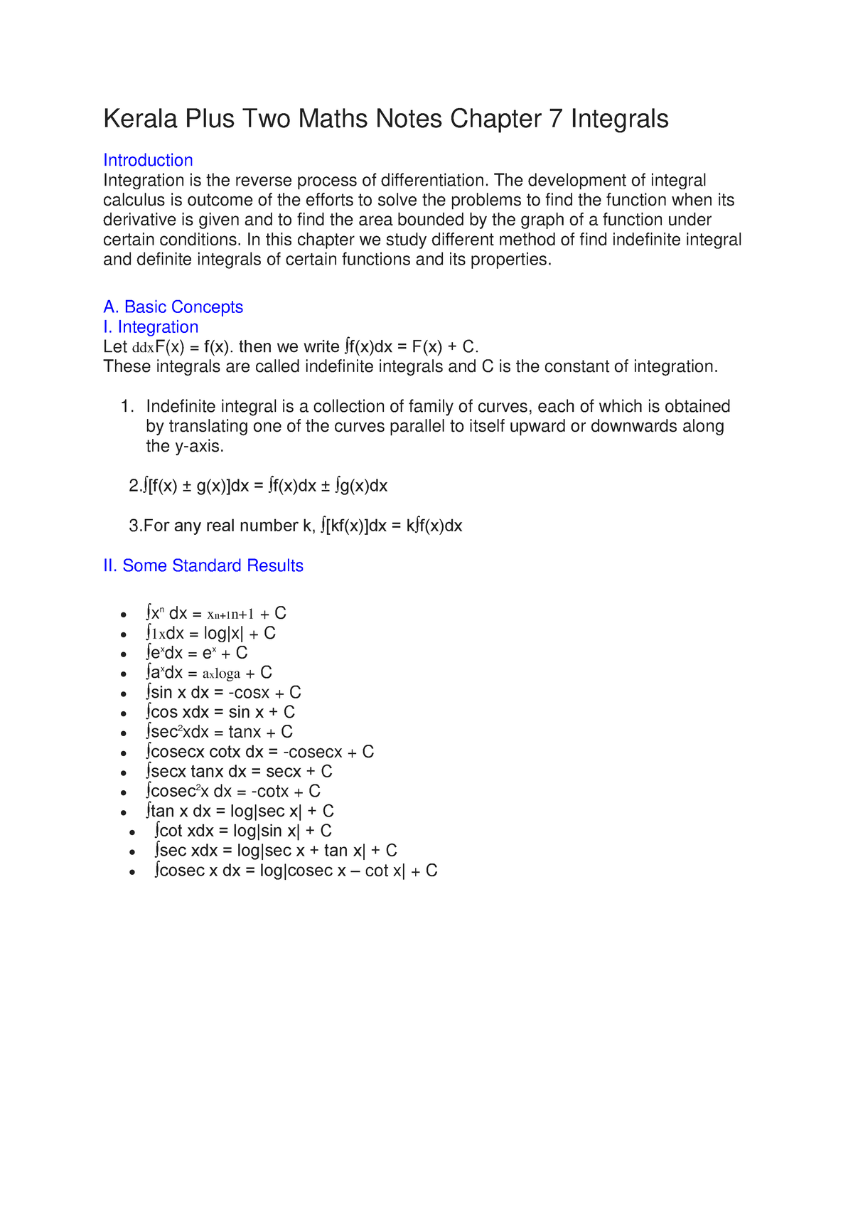 Kerala Plus Two Maths Notes Chapter 7 Integrals - Kerala Plus Two Maths ...