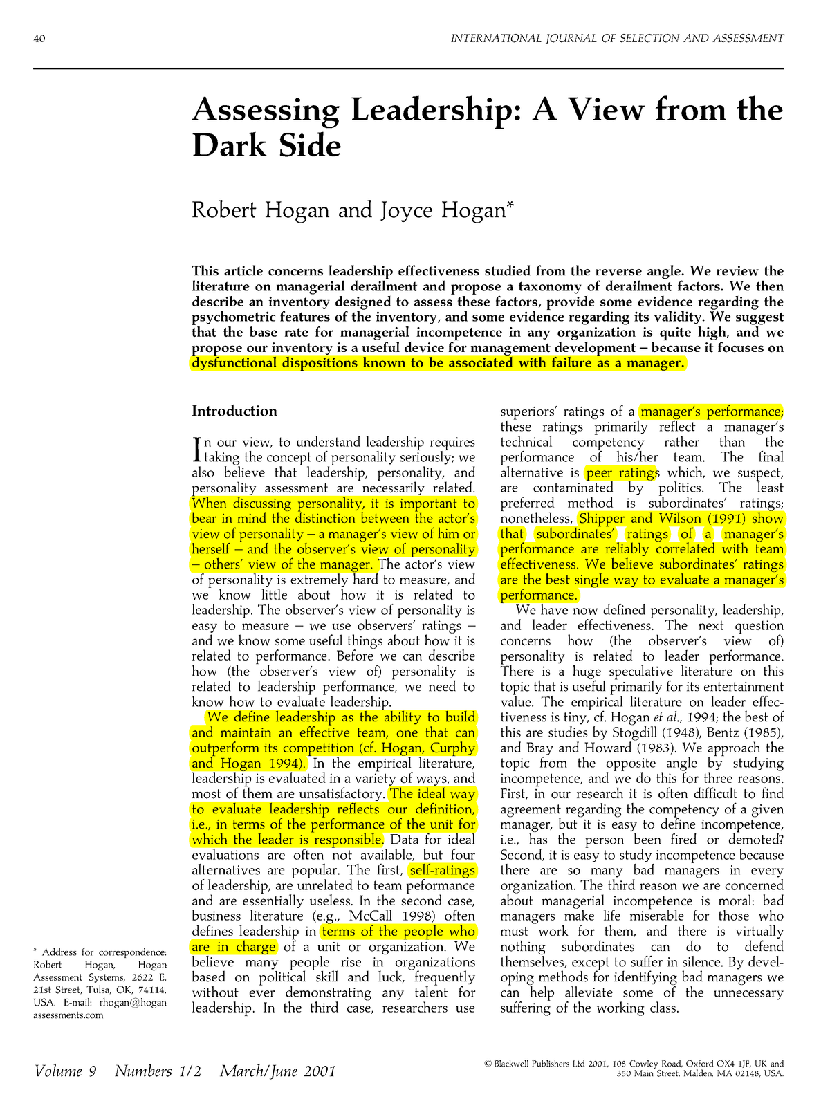 Hogan & Hogan (2001 ) - A Theory - Assessing Leadership: A View From ...