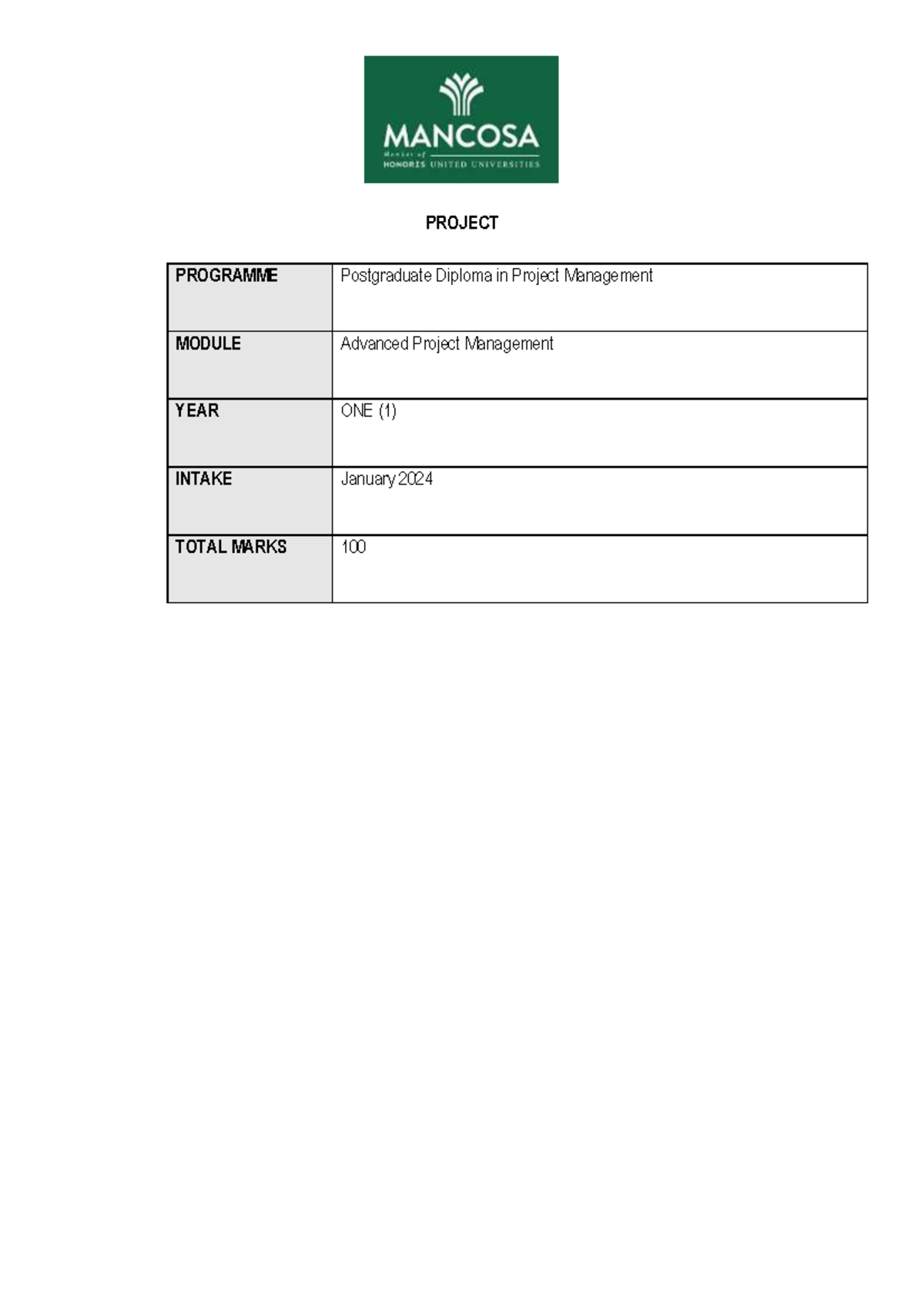 APM 2 - PROJECT PROGRAMME Postgraduate Diploma in Project Management ...