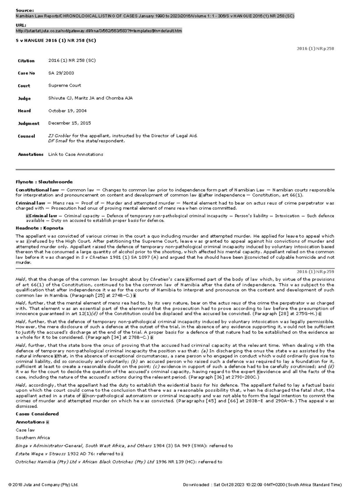 S v Hangue 2016 (1) NR 258 (SC) - Source: Namibian Law Reports ...