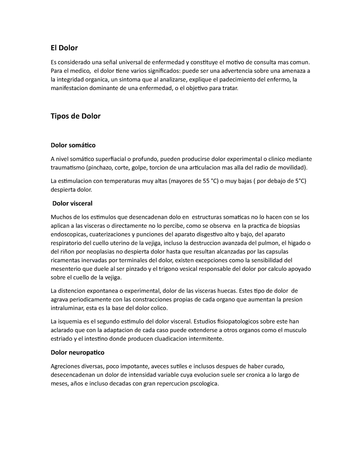 El Dolor Y Sus Tipos - Apuntes 1 - El Dolor Es Considerado Una Señal ...