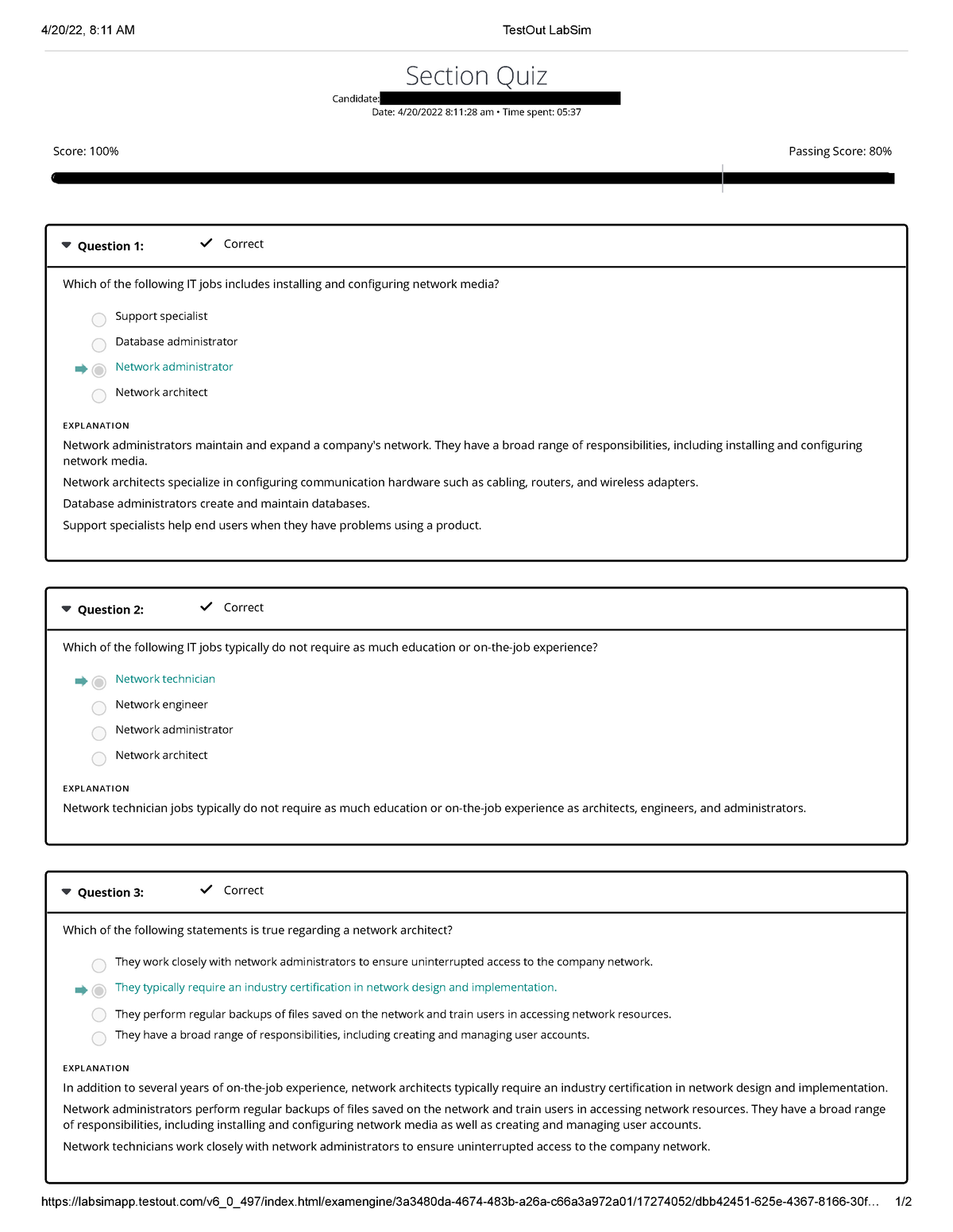 6.8.4 - Quiz Results Test Out Lab Sim - Week 2 Discusison - 4/20/22, 8 ...