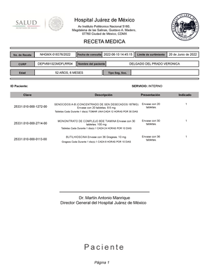 Receta medica - Hospital Ju·rez de MÈxico RECETA MEDICA P·gina 1 P a c i e  n t e Av Instituto - Studocu