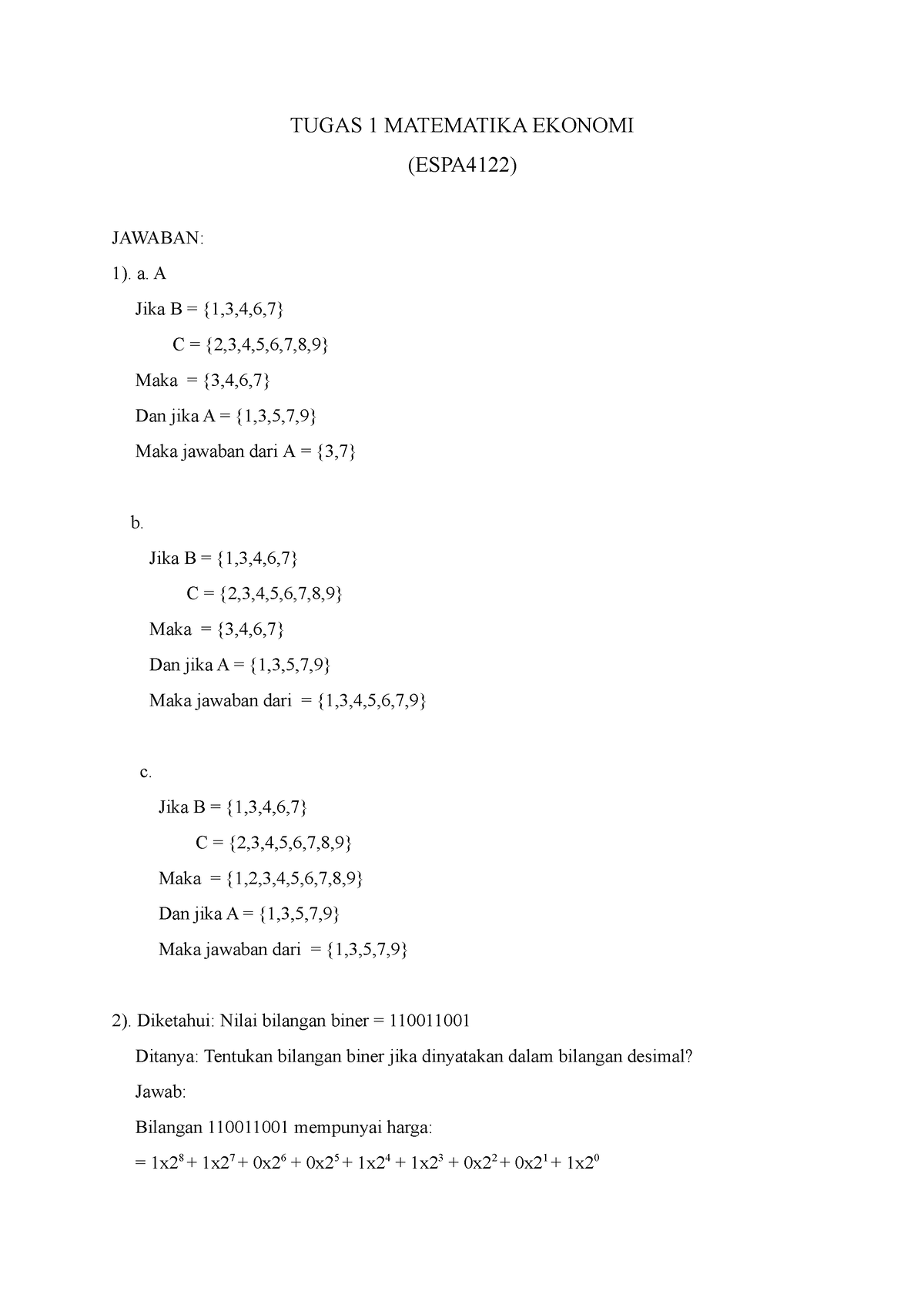 Tugas 1 Matematika Ekonomi - TUGAS 1 MATEMATIKA EKONOMI (ESPA4122 ...