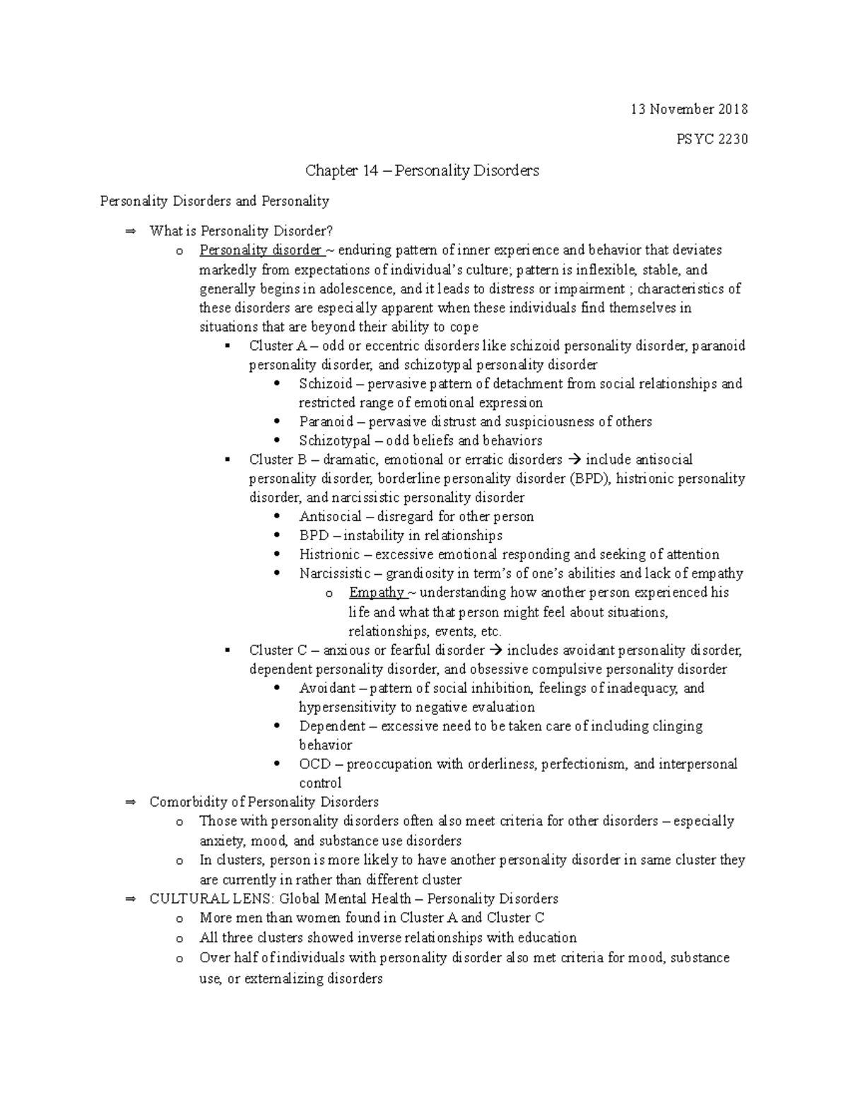 Chapter 14 – Personality Disorders - 13 November 2018 PSYC 2230 Chapter ...