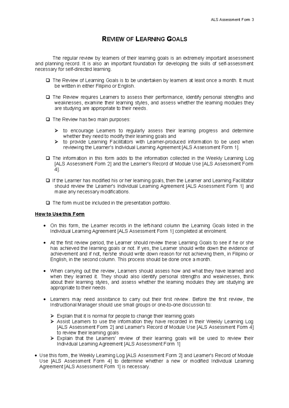Assessment Form Optional 3 Review of Learning Goals (2013 ) - ALS ...
