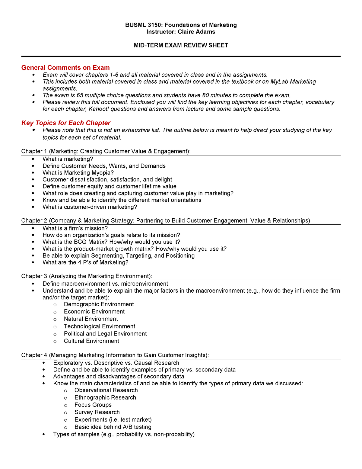 Mid-Term Exam Review Sheet Busml 3150 021824 - BUSML 3150: Foundations ...