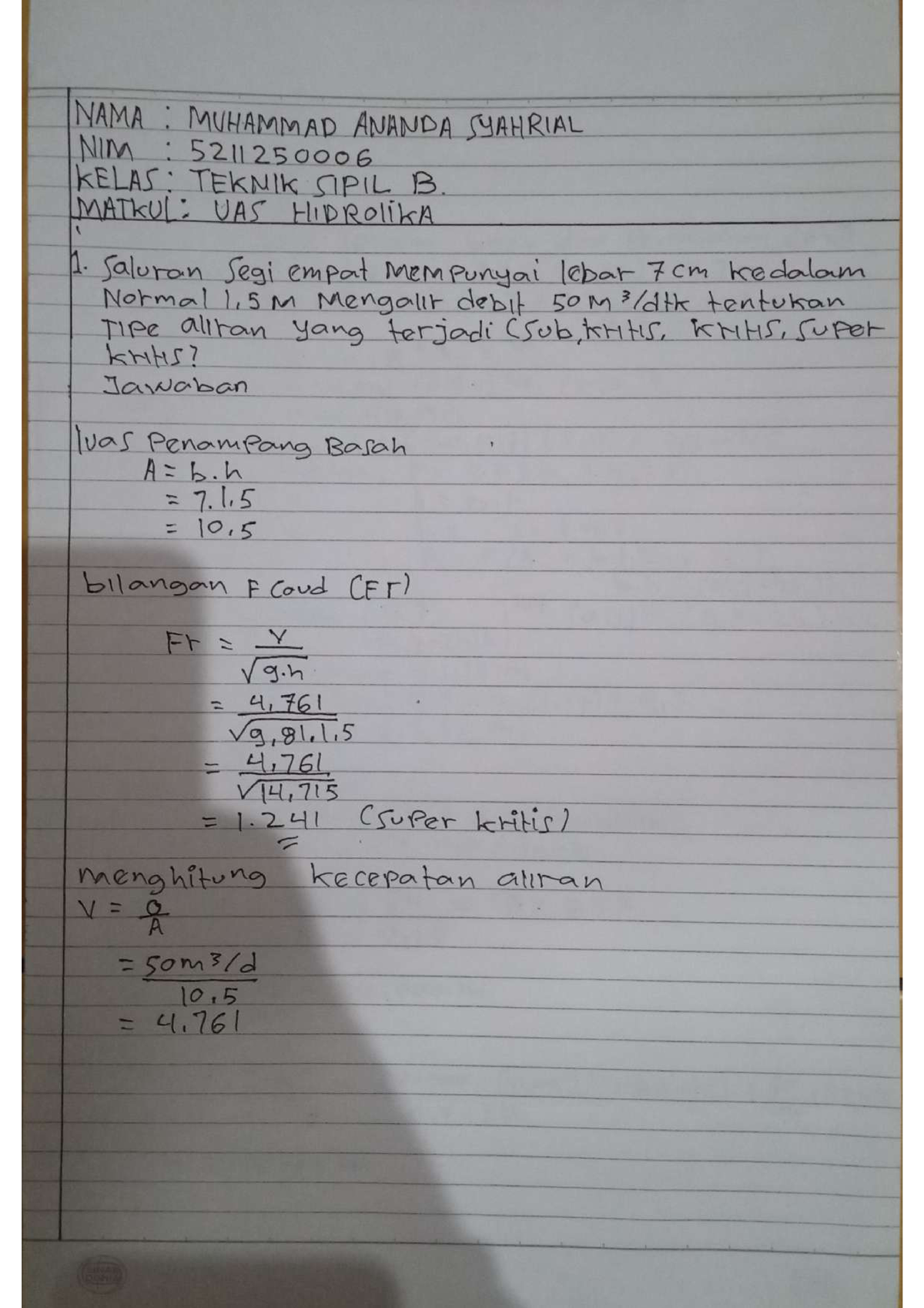 UAS Hidrolika Muhammad Ananda Syahrial Kelas B Teknik Sipil Semester 2 ...