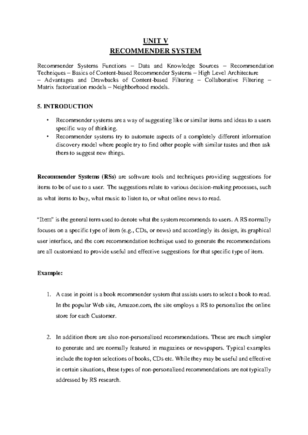 UNIT 5 - Sem 8 - UNIT V RECOMMENDER SYSTEM Recommender Systems ...