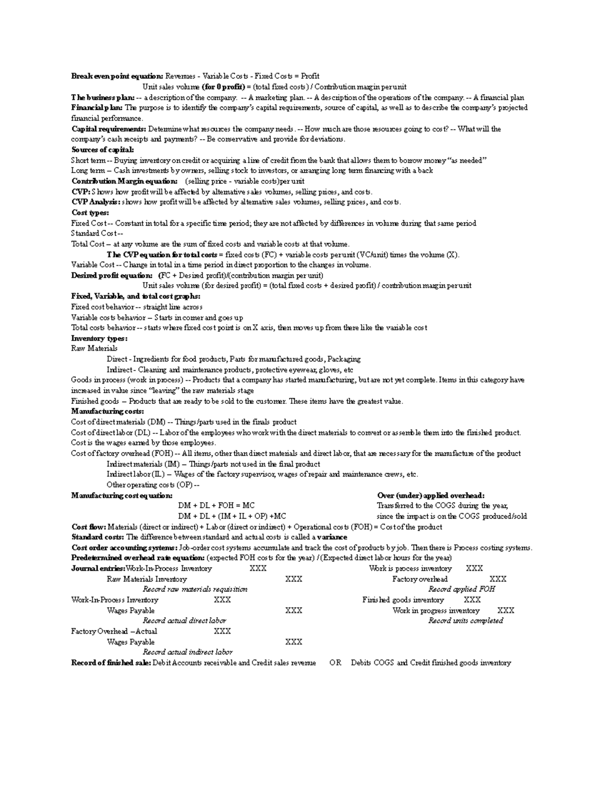 Exam 3 cheat sheet - Lecture notes 16-23 - Break even point equation ...