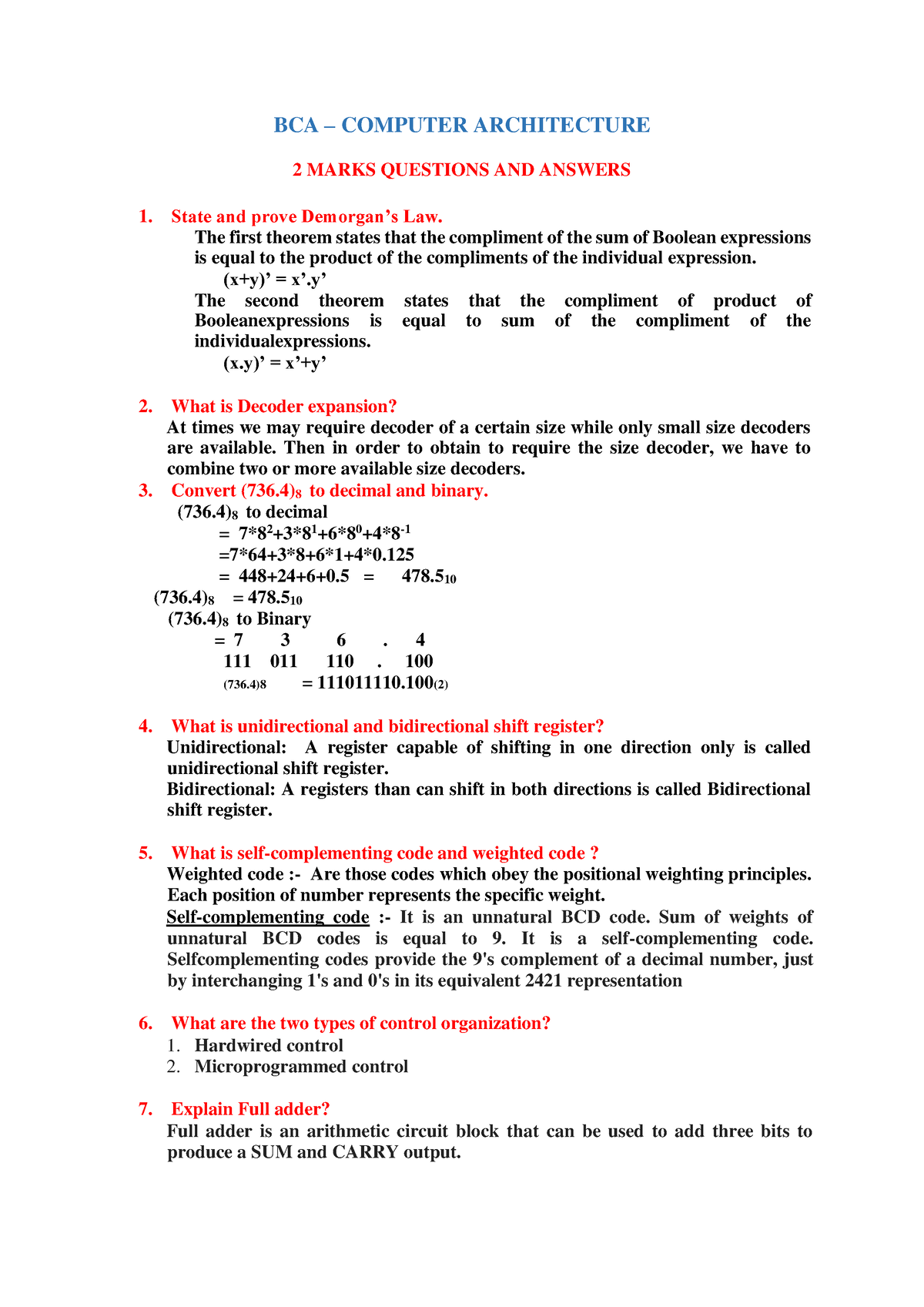 CA 2 Marks Imp Questions - BCA – COMPUTER ARCHITECTURE 2 MARKS ...