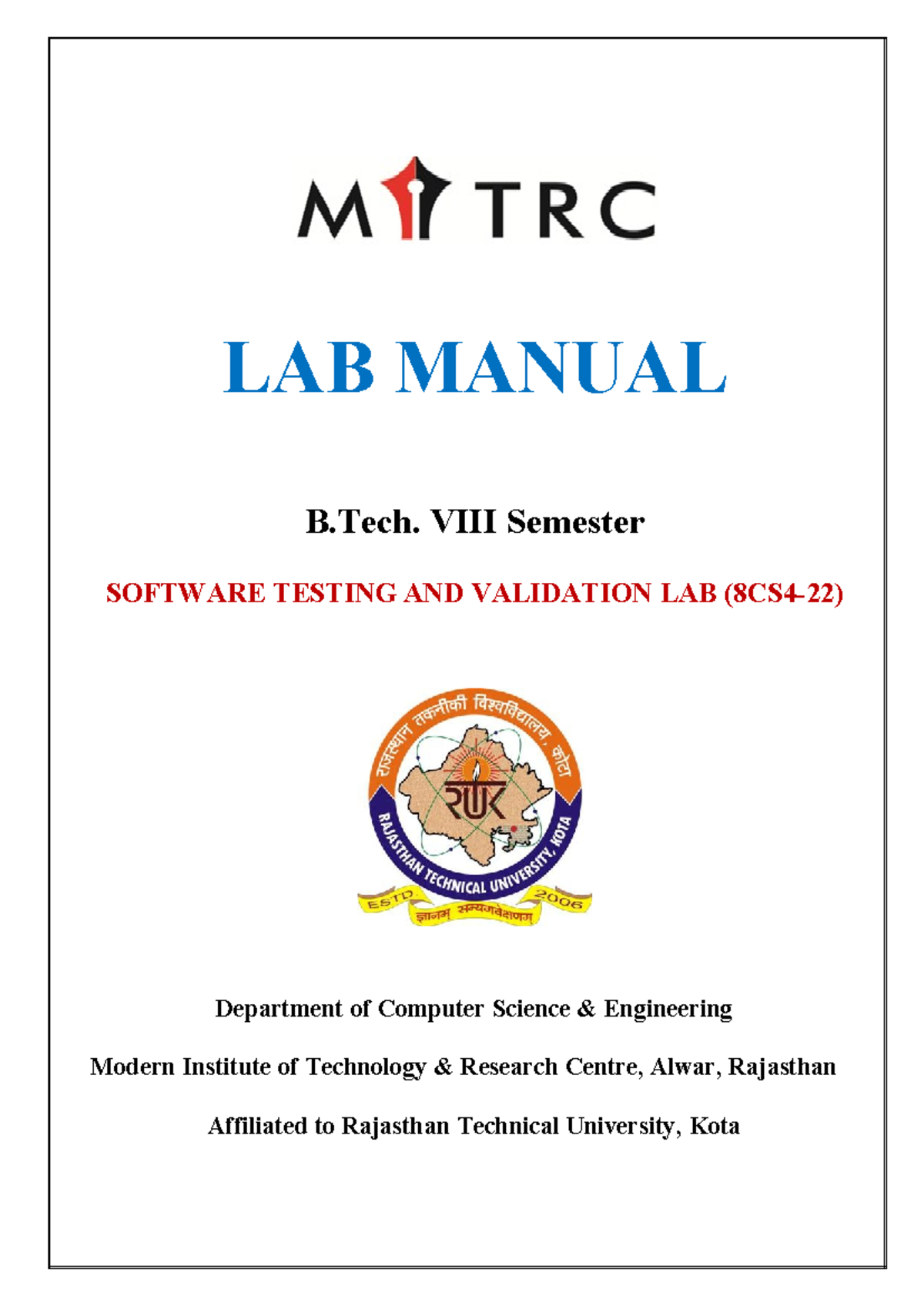 Front page - web technkoily - btech - LAB MANUAL B. VIII Semester ...