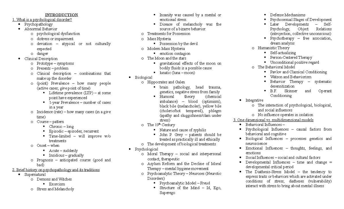 Ab depa notes - INTRODUCTION What is a psychological disorder ...